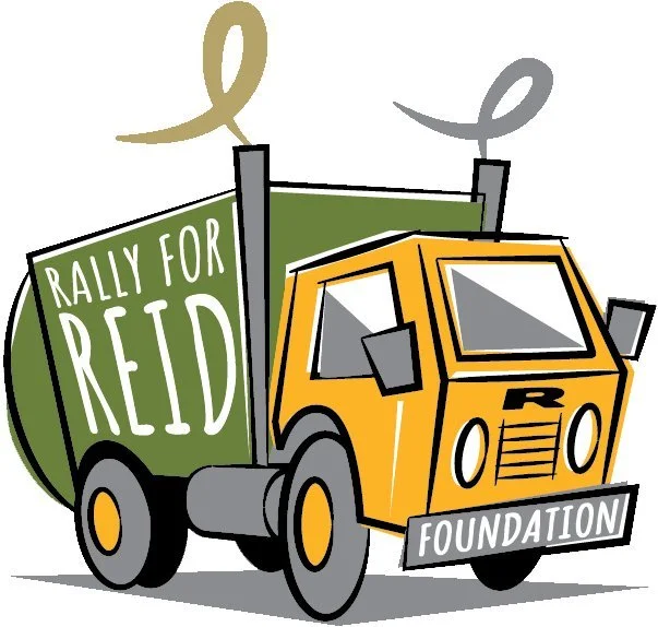 Illustration of a yellow truck with a green container labeled "Rally for Reid." The front of the truck has a sign saying "Foundation." A yellow and a gray ribbon are displayed on top.
