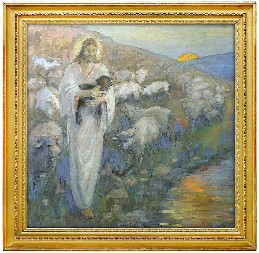 an image of a painting by Minerva Teichert showing the rescues of a lost lamb