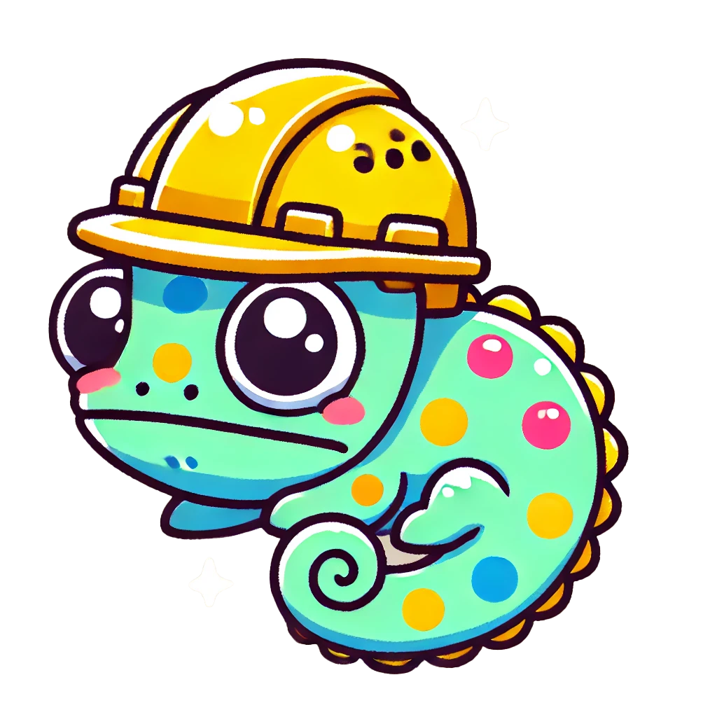 Cartoon chameleon with large eyes, colorful spots, wearing a yellow construction hat, against a beige background with small stars.