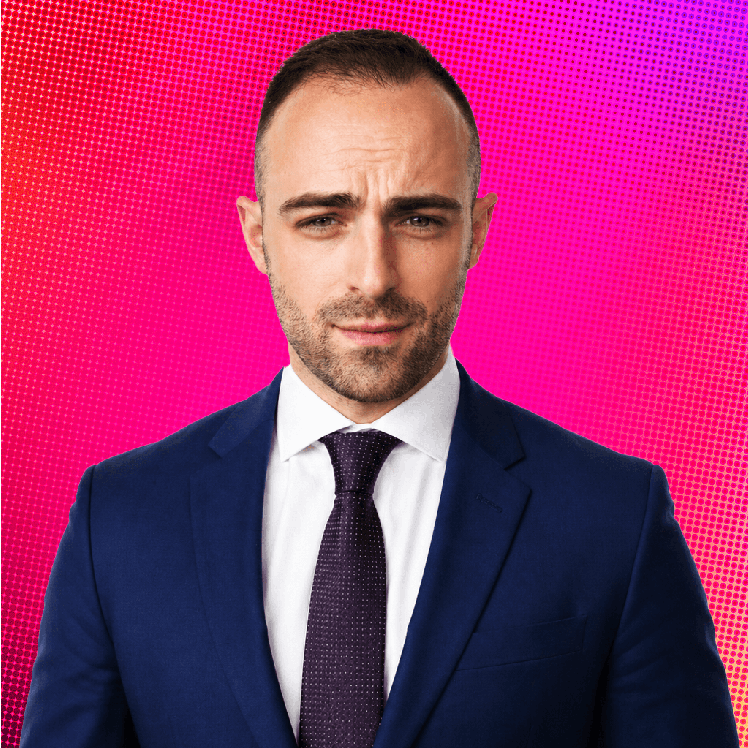 A man taking a selfie with a colorful background of abstract shapes in pink, blue, purple, yellow, and orange.
