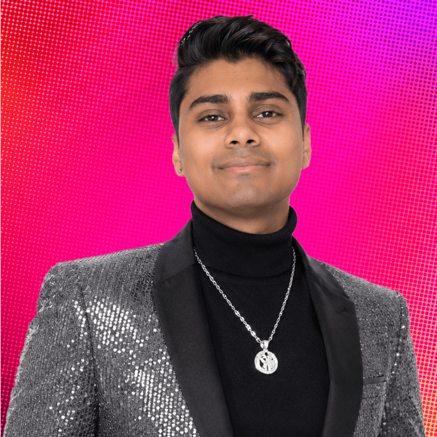 A young man wearing red sunglasses, a white shirt with red writing, and a burgundy leather jacket, holding the sunglasses with both hands, against a colorful background with abstract shapes.