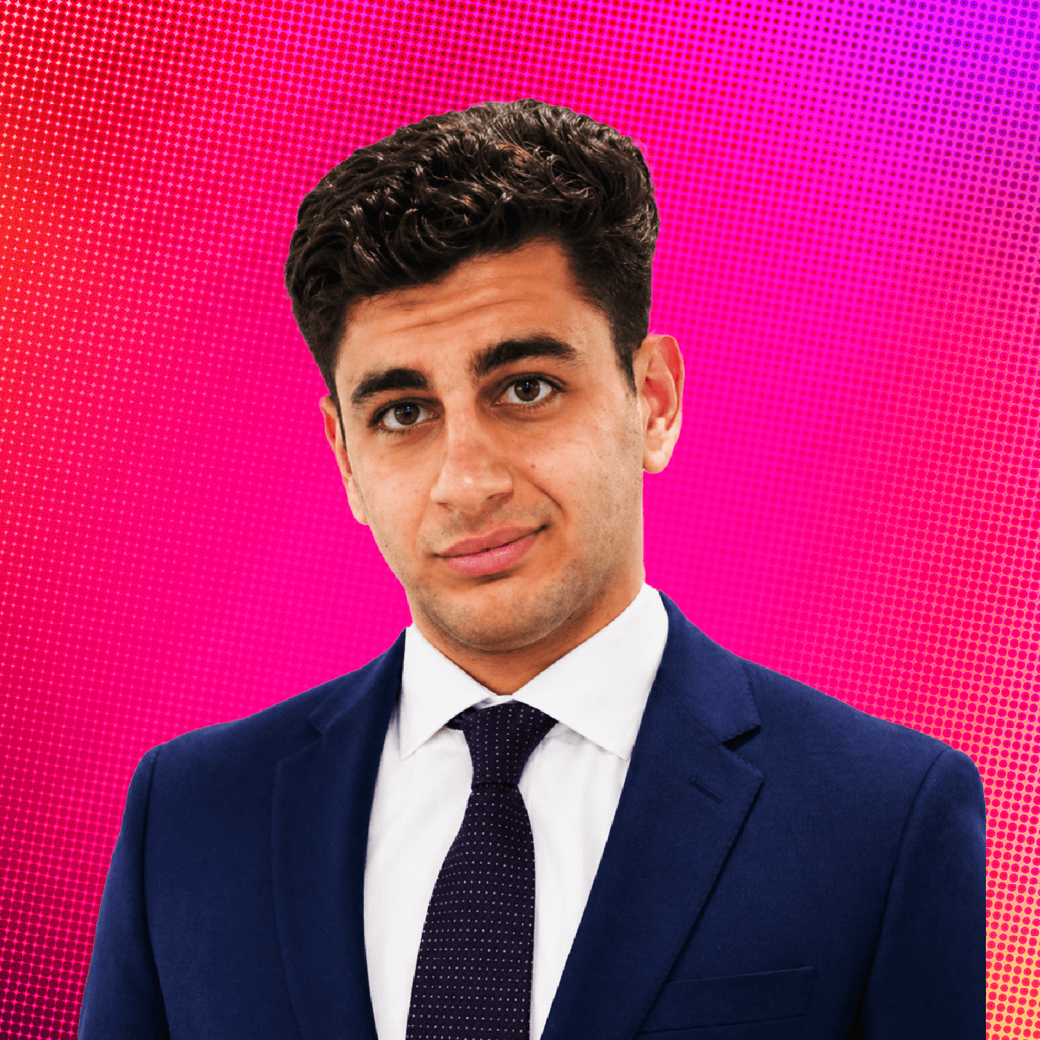 Young man in a tuxedo with a bow tie taking a selfie against a colorful, abstract background with squiggles and hearts.