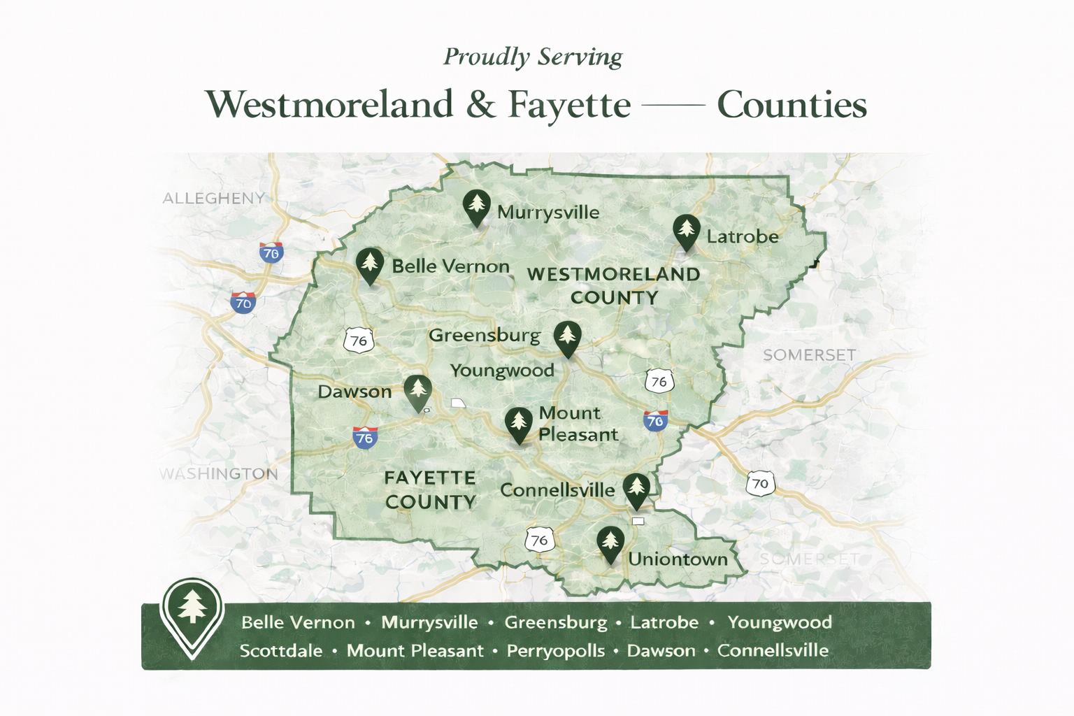 Map showing Westmoreland and Fayette counties, highlighting towns including Belle Vernon, Murrysville, Greensburg, Latrobe, Youngwood, Mount Pleasant, Connellsville, Uniontown, and Scottdale with icons of trees and a legend at the bottom enumerating the towns.