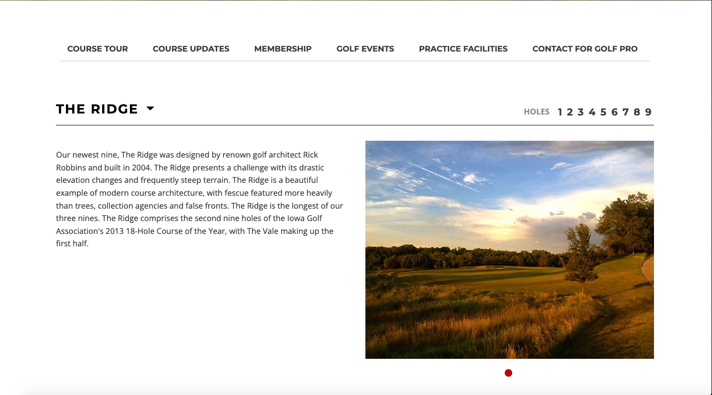Selections from the EVCC website, revamped under my direction and with my copy in 2015. I took all course tour photos and interviewed the Club's PGA Pro to create the pro tips for each hole.