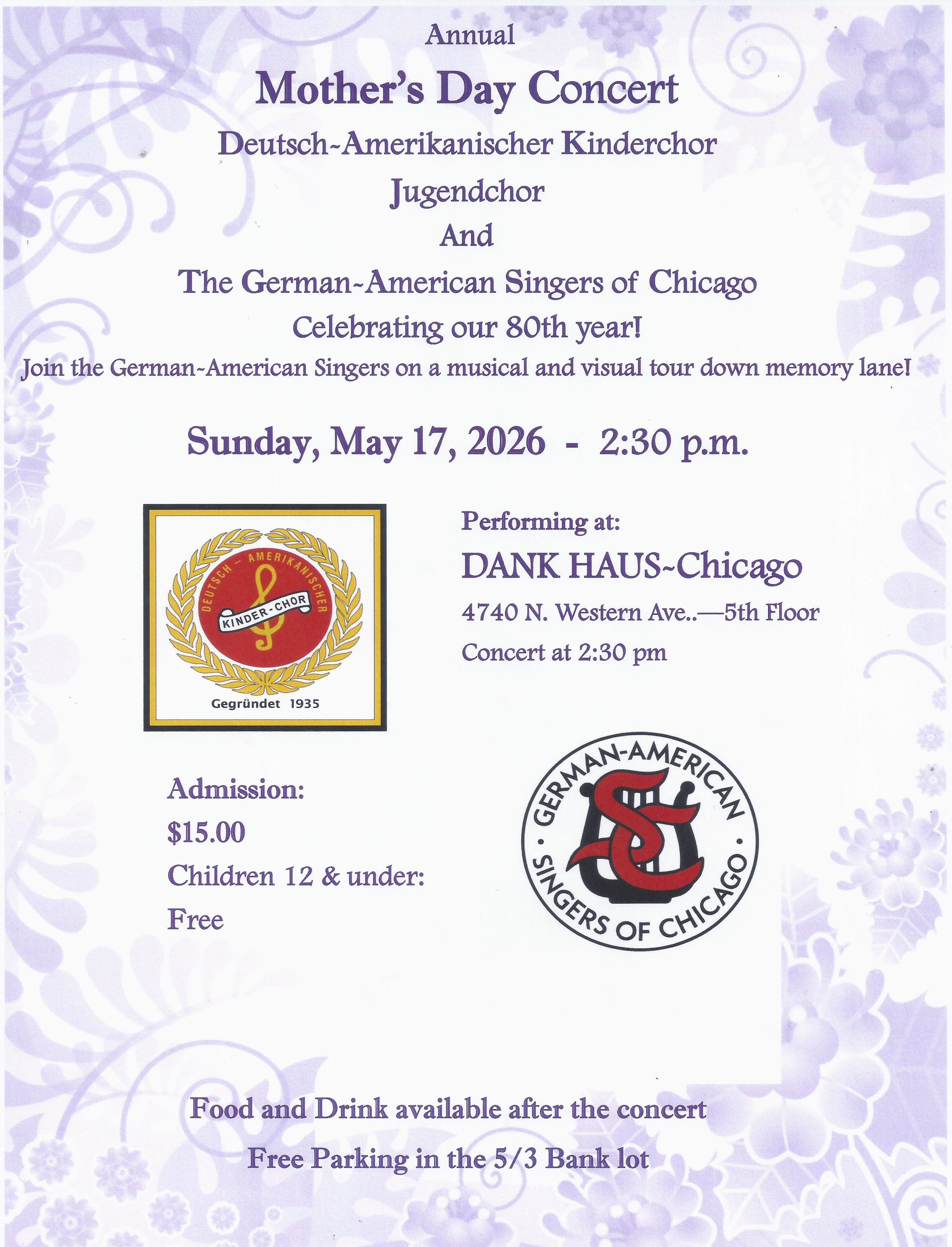 Flyer for an annual Mother's Day concert featuring a German-American children's choir and a German-American singers of Chicago celebrating their 80th year, scheduled for Sunday, May 17, 2026, at 2:30 pm at Dank Haus, Chicago.