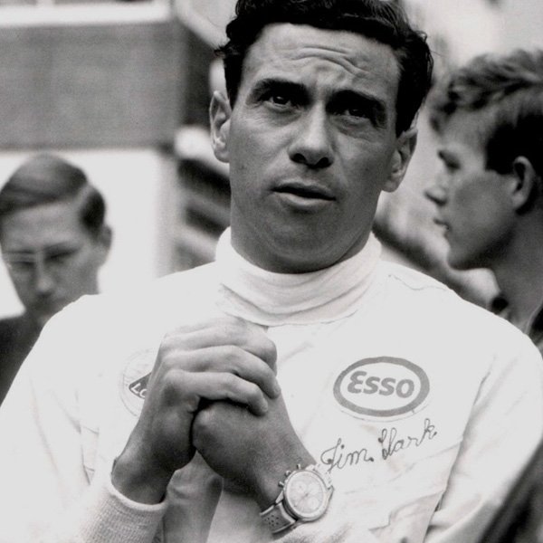 Jim Clark in presumably 1963 where he is spotted with the grey dial Enicar and white tropic (rubber) strap.