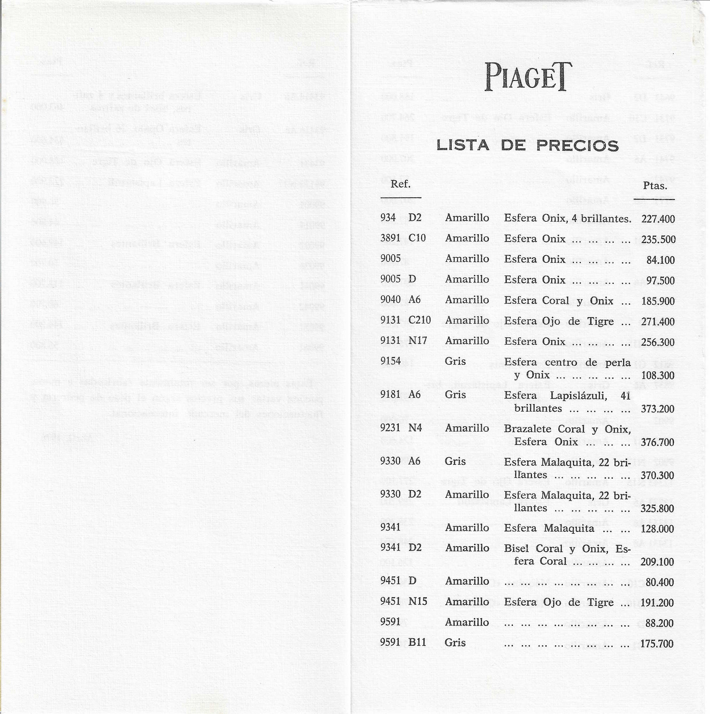Piaget Brochure April 1976 Pricelist from Pedro Alvarez,Spain