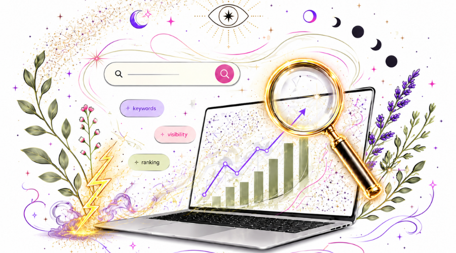Illustration of a laptop with a search bar, magnifying glass, and rising bar chart, surrounded by keyword, visibility, and ranking icons, representing SEO growth