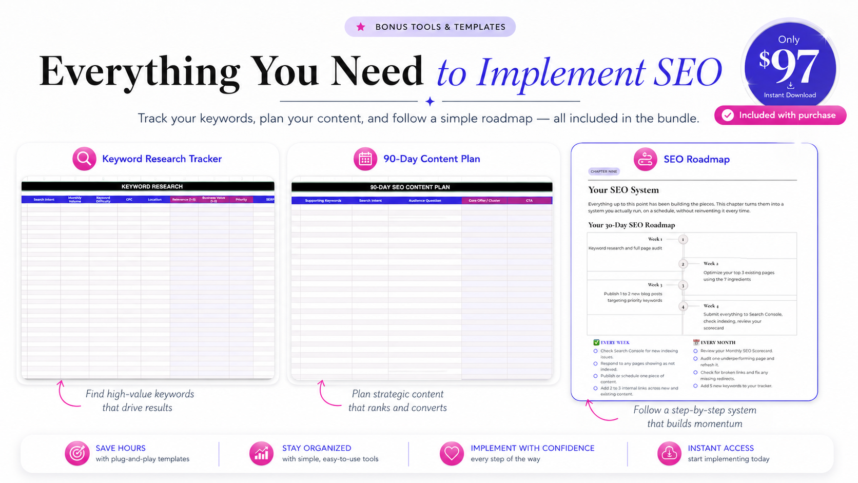 Bonus SEO tools included — keyword research tracker, 90-day content plan, and 30-day SEO roadmap templates