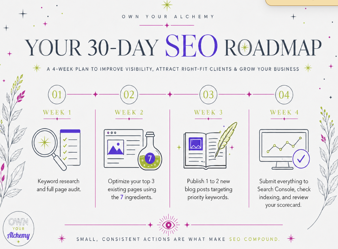 our 30-day SEO roadmap — 4-week plan covering keyword research, page optimization, blog publishing, and Search Console review
