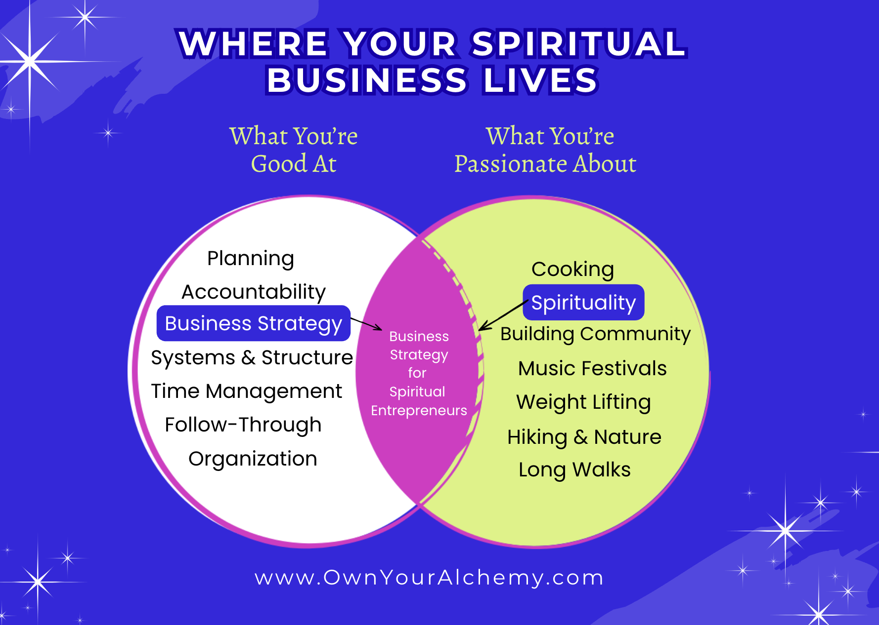Venn diagram showing the intersection of business strategy skills and spiritual passions — the foundation of Own Your Alchemy's approach to spiritual business strategy