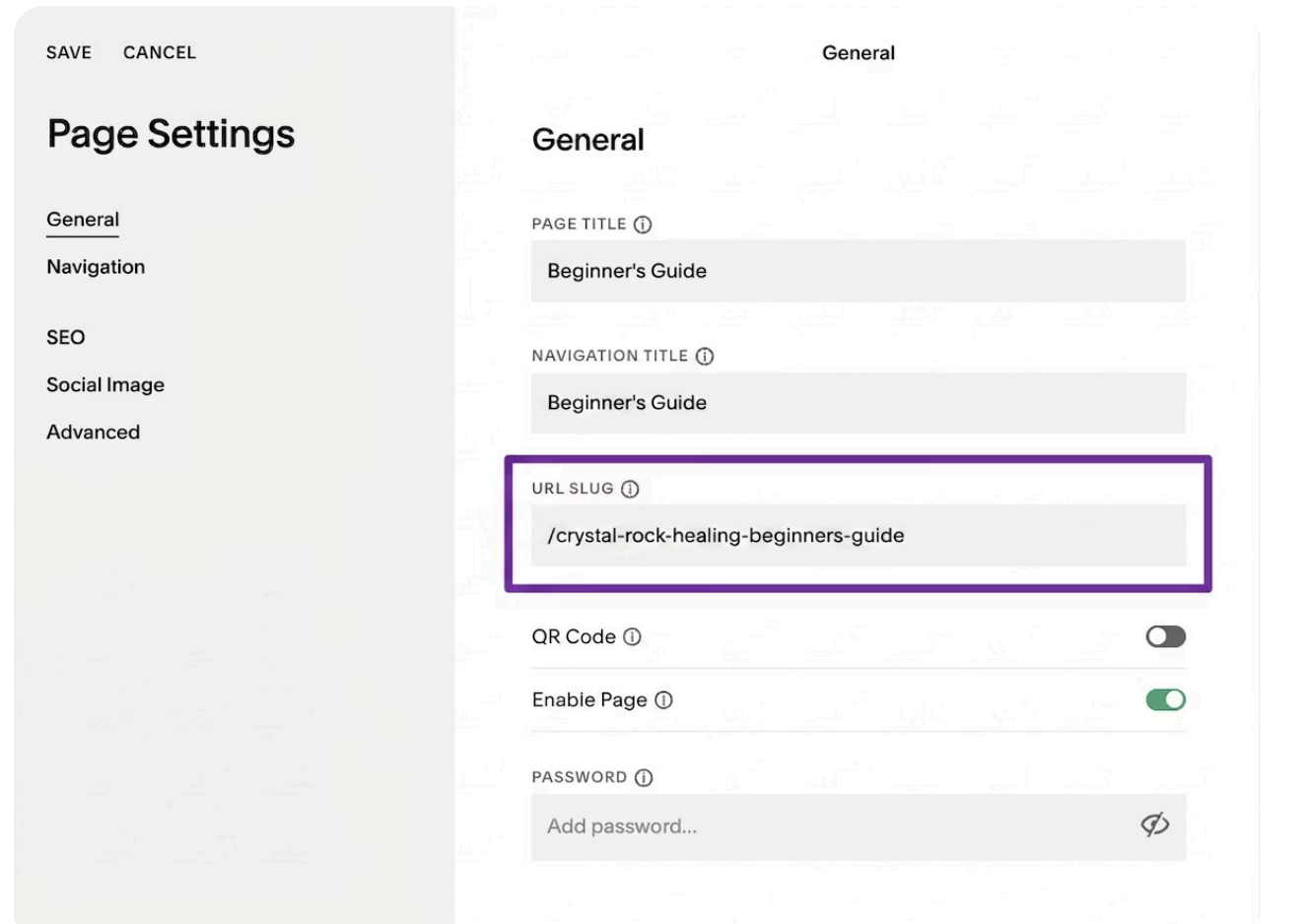 Page settings panel showing URL slug field set to "crystal-rock-healing-beginners-guide"