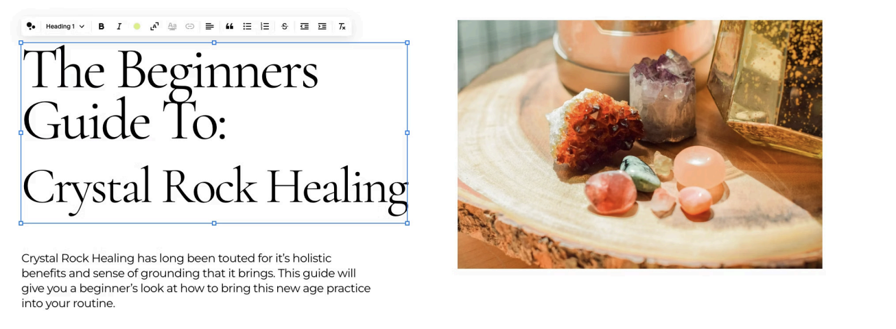 Website page builder showing an H1 heading example: "The Beginner's Guide to Crystal Rock Healing"