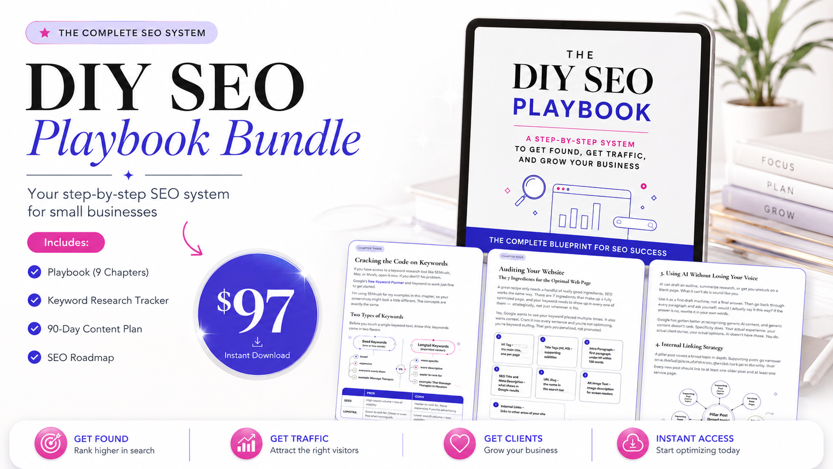 DIY SEO Playbook Bundle product image showing the 9-chapter playbook, keyword research tracker, 90-day content plan, and SEO roadmap for $97