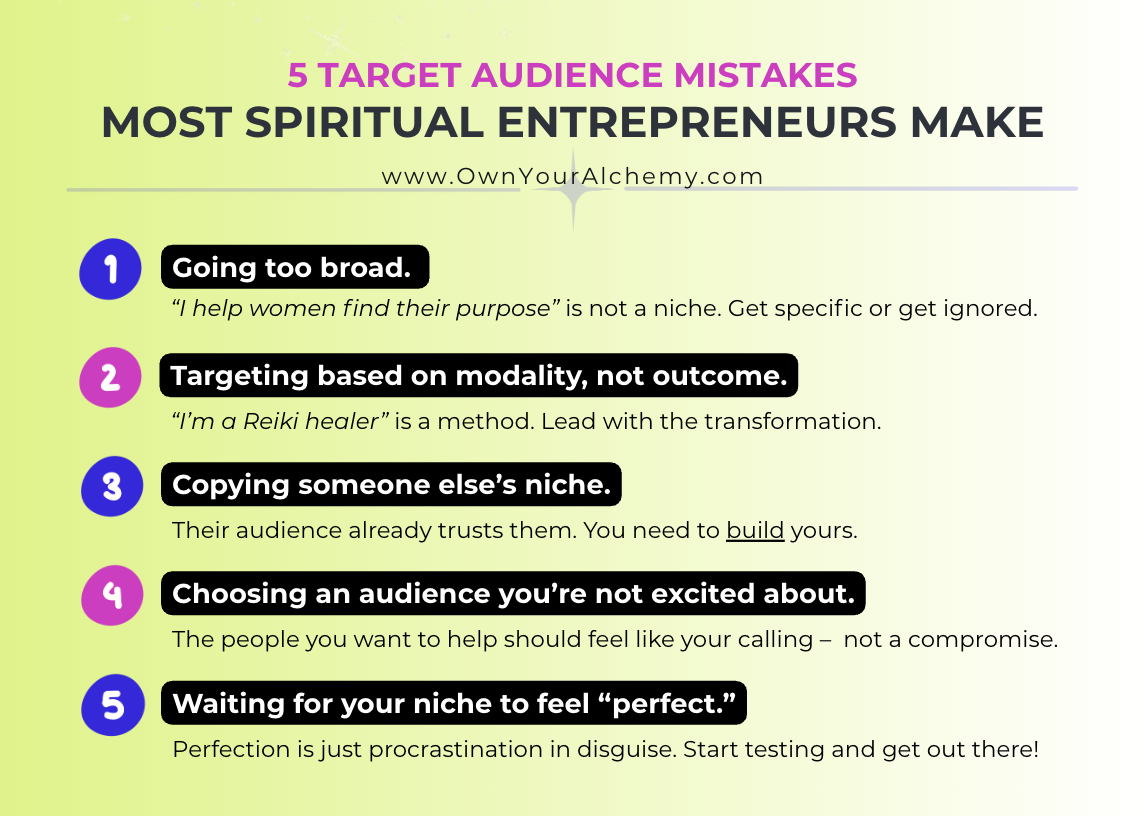 Infographic listing 5 common niche mistakes spiritual entrepreneurs make, including going too broad and niching on modality instead of outcome — Own Your Alchemy