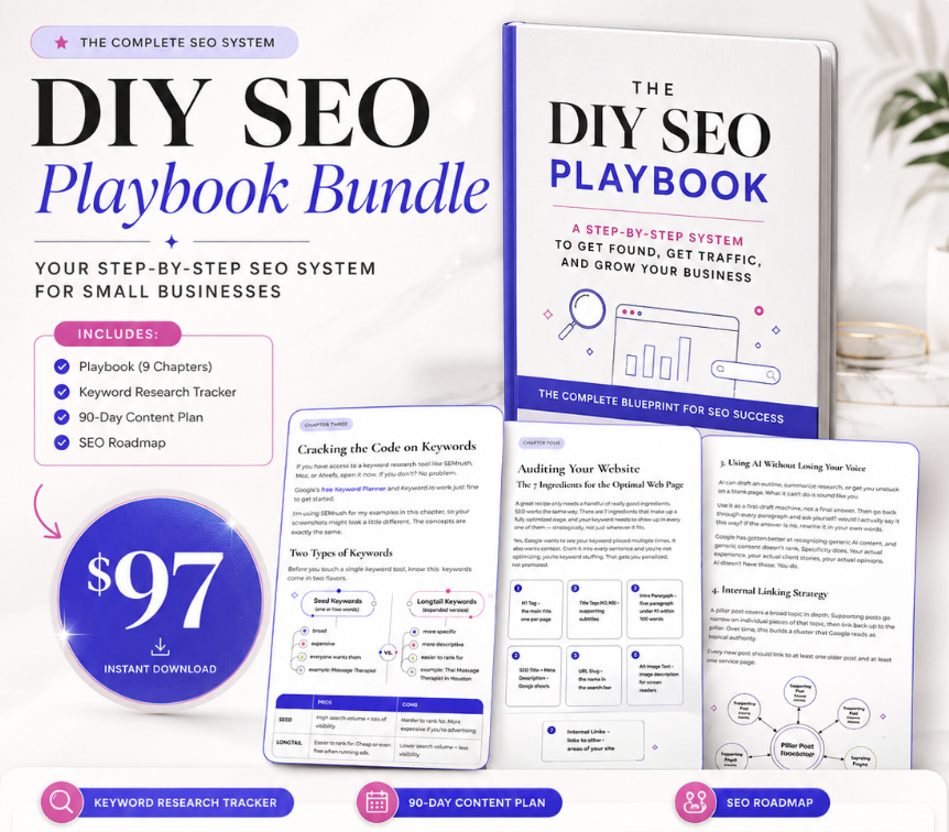 DIY SEO Playbook Bundle — step-by-step SEO system for small businesses, $97 instant download