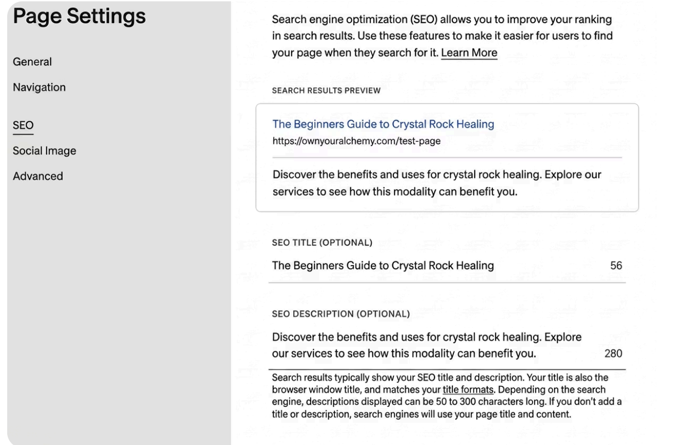 SEO settings panel showing search results preview with page title and meta description fields