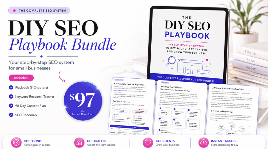 Product mockup of the DIY SEO Playbook Bundle for small businesses, priced at $97, including a 9-chapter playbook, keyword research tracker, 90-day content plan, and SEO roadmap