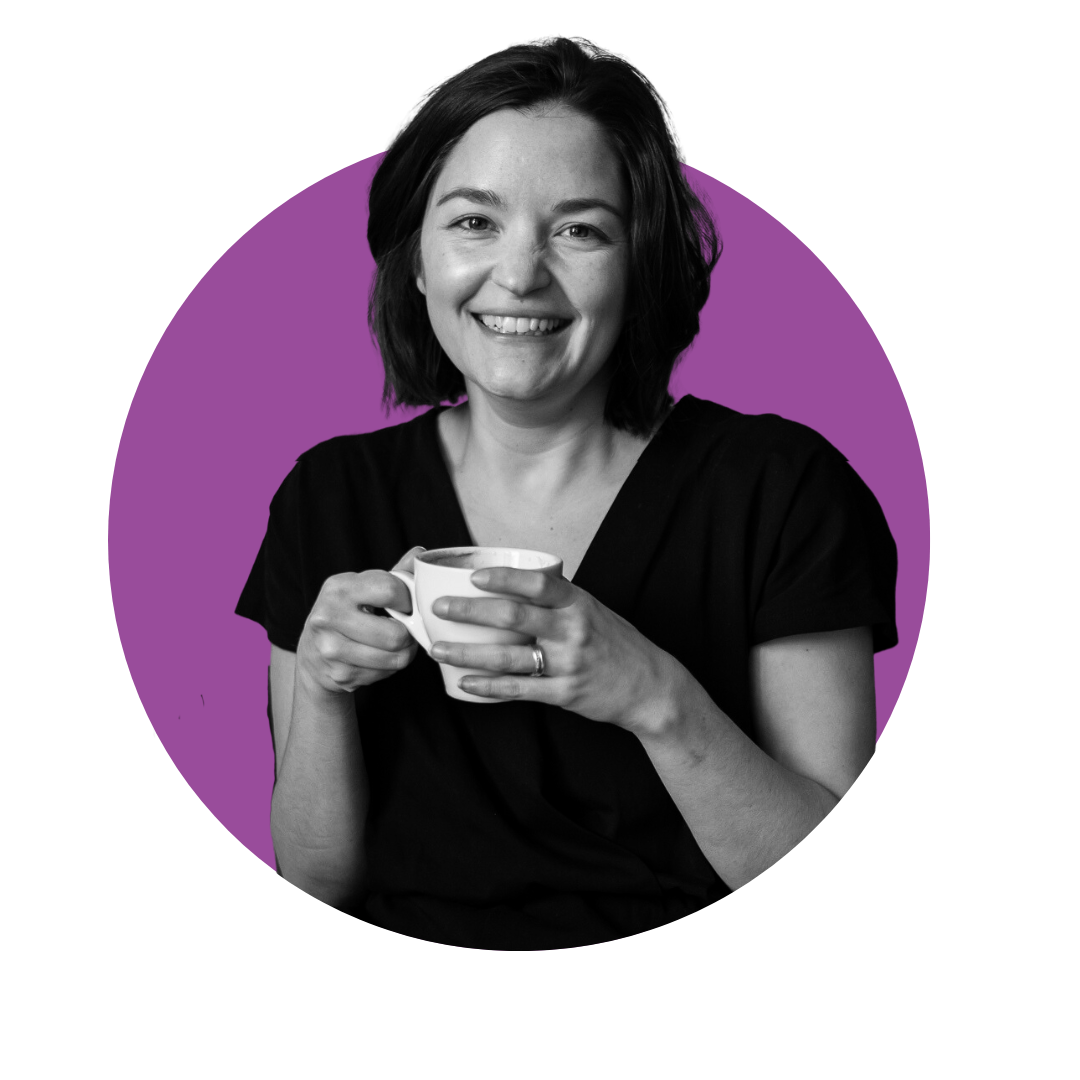Black and white photograph over a purple circle of host of Conversation Changers, Karla Liddle-White smiling warmly and holding a cup of cosy coffee