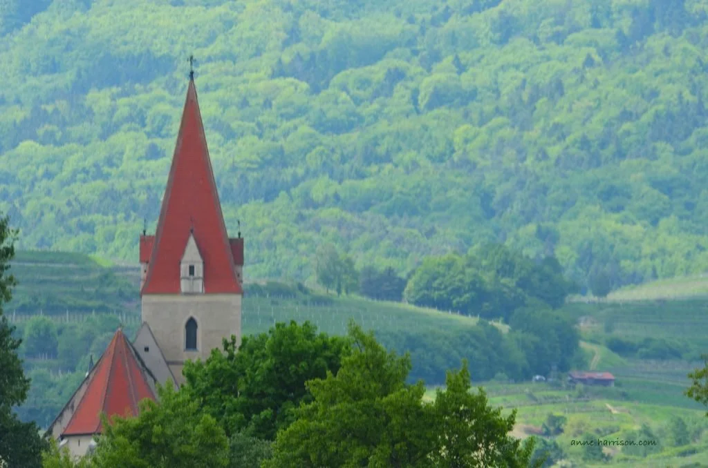 The red steeple of a church is seen against some vineyards and a hillside covered with forest
