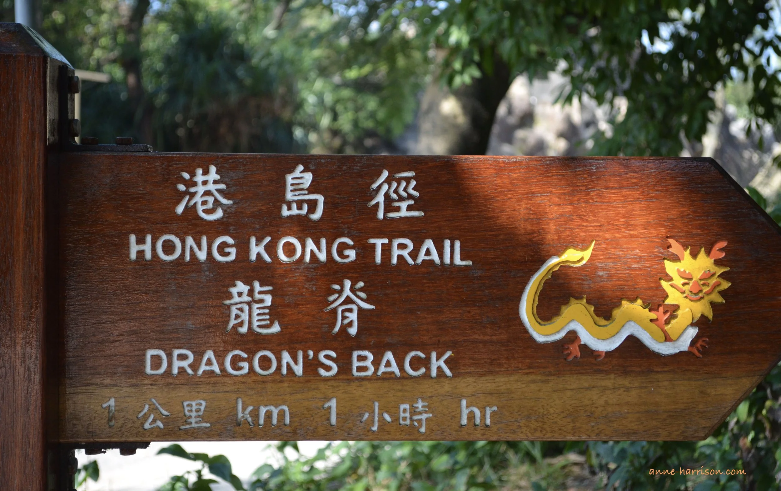 A wooden sign for the dragon's back trail in Hong Kong