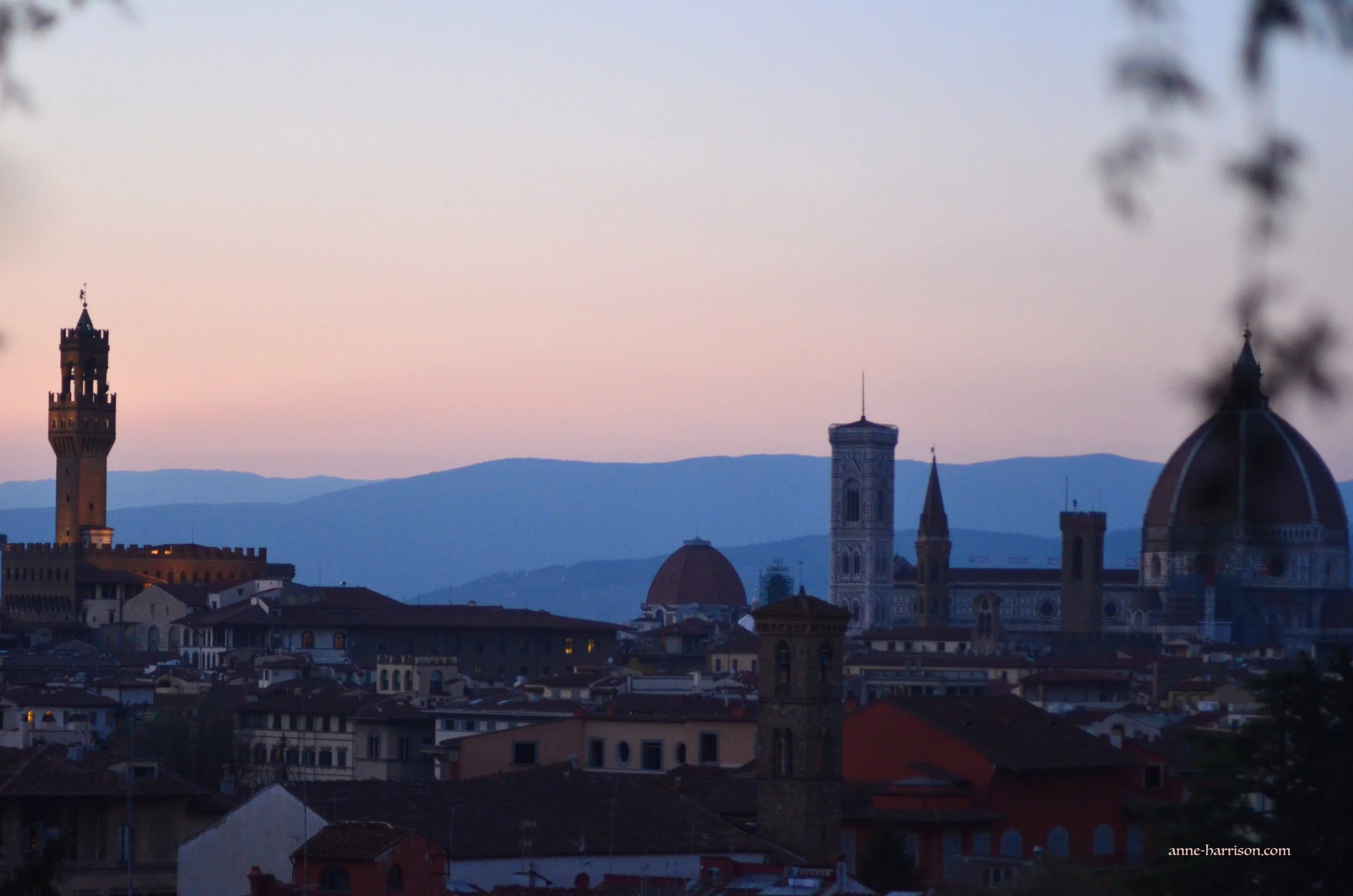 The Duomo, Campanile and Baptistry, plus the Arnolfo Tower, Florence, at sunset.