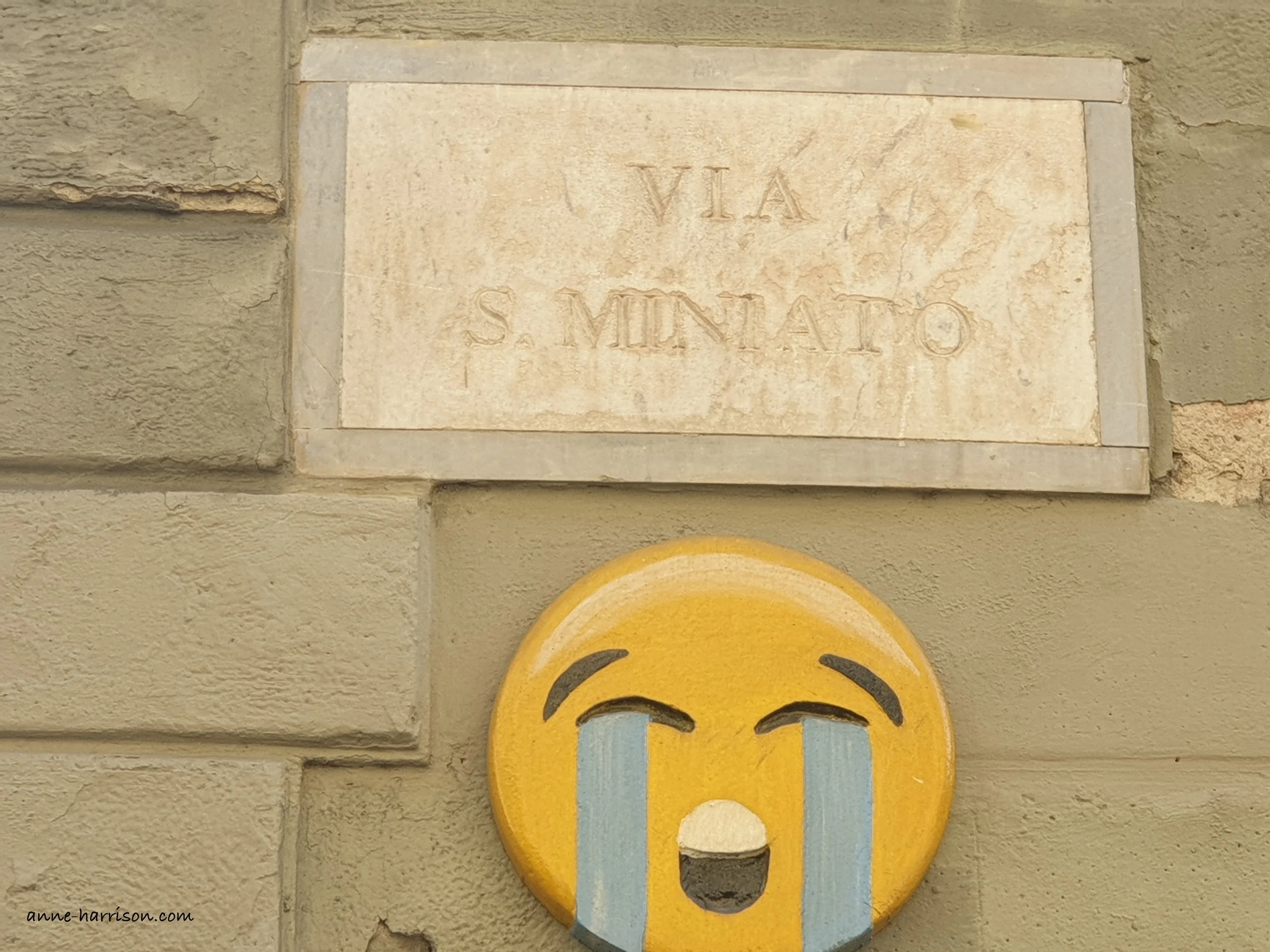 An image of a crying face is below a road sign Via S. Miniato,