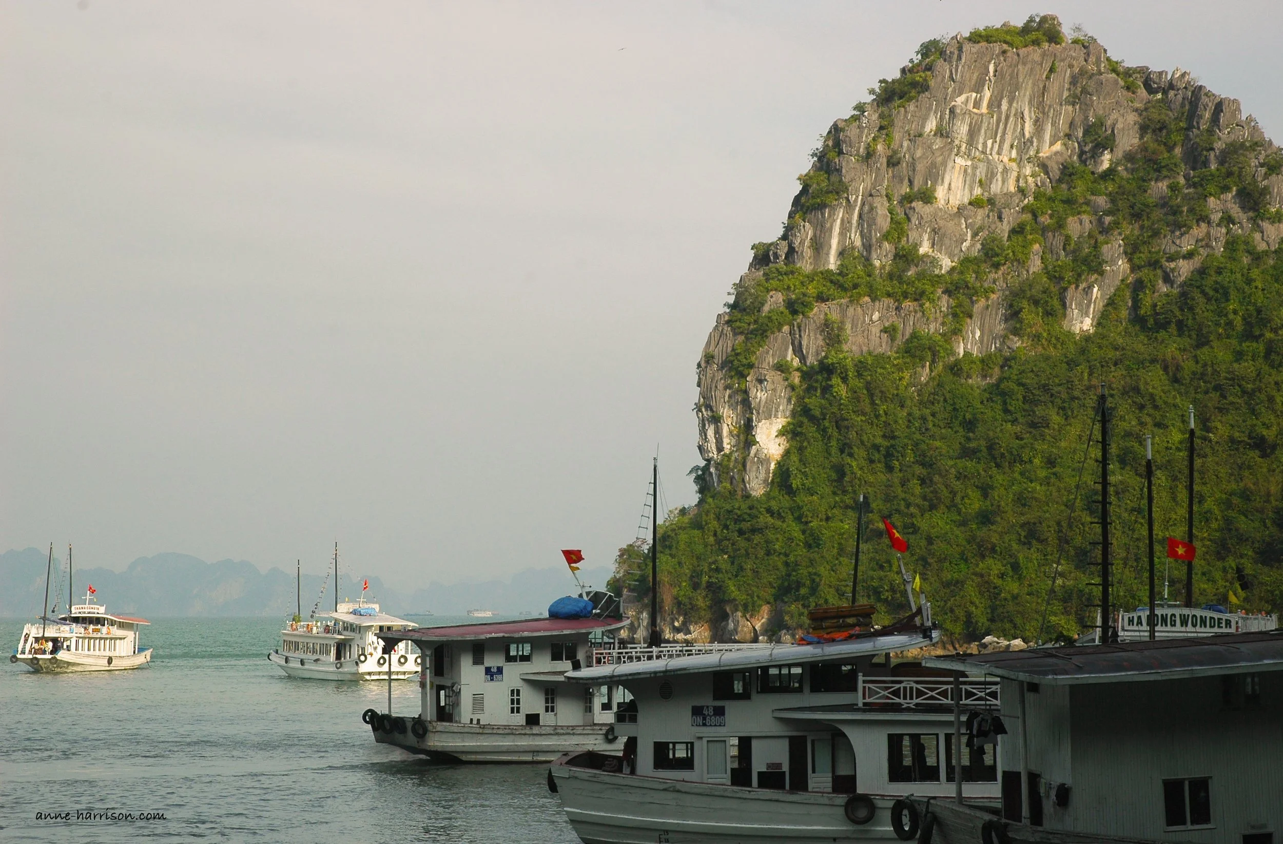 Small wooden tourist boats moored below a cliff on an island in Halong Bay