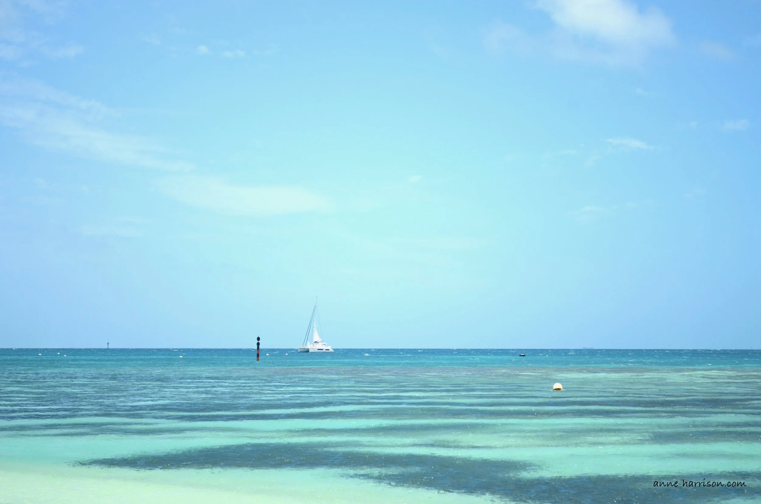 A catamaran with a white sail on a tranquil blue ocean, beneath a clear blue sky.