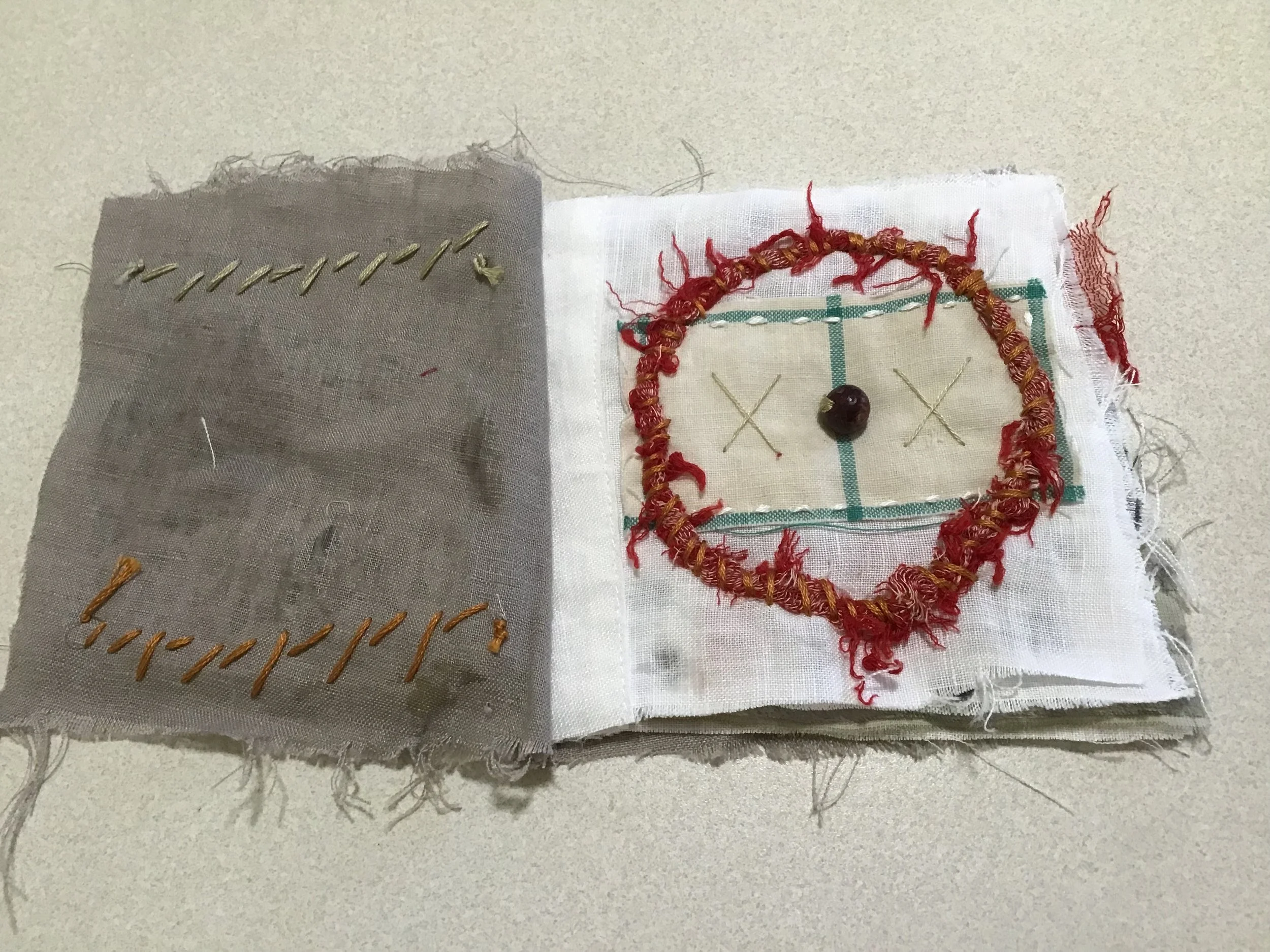 Buried Fabric Meditation Book Project, a global arts initiative created by Emma Freeman, textile artist and mixed media artist in Wisconsin to build community, share creative skills, and connect with nature in meaningful ways. We made hand embroidere
