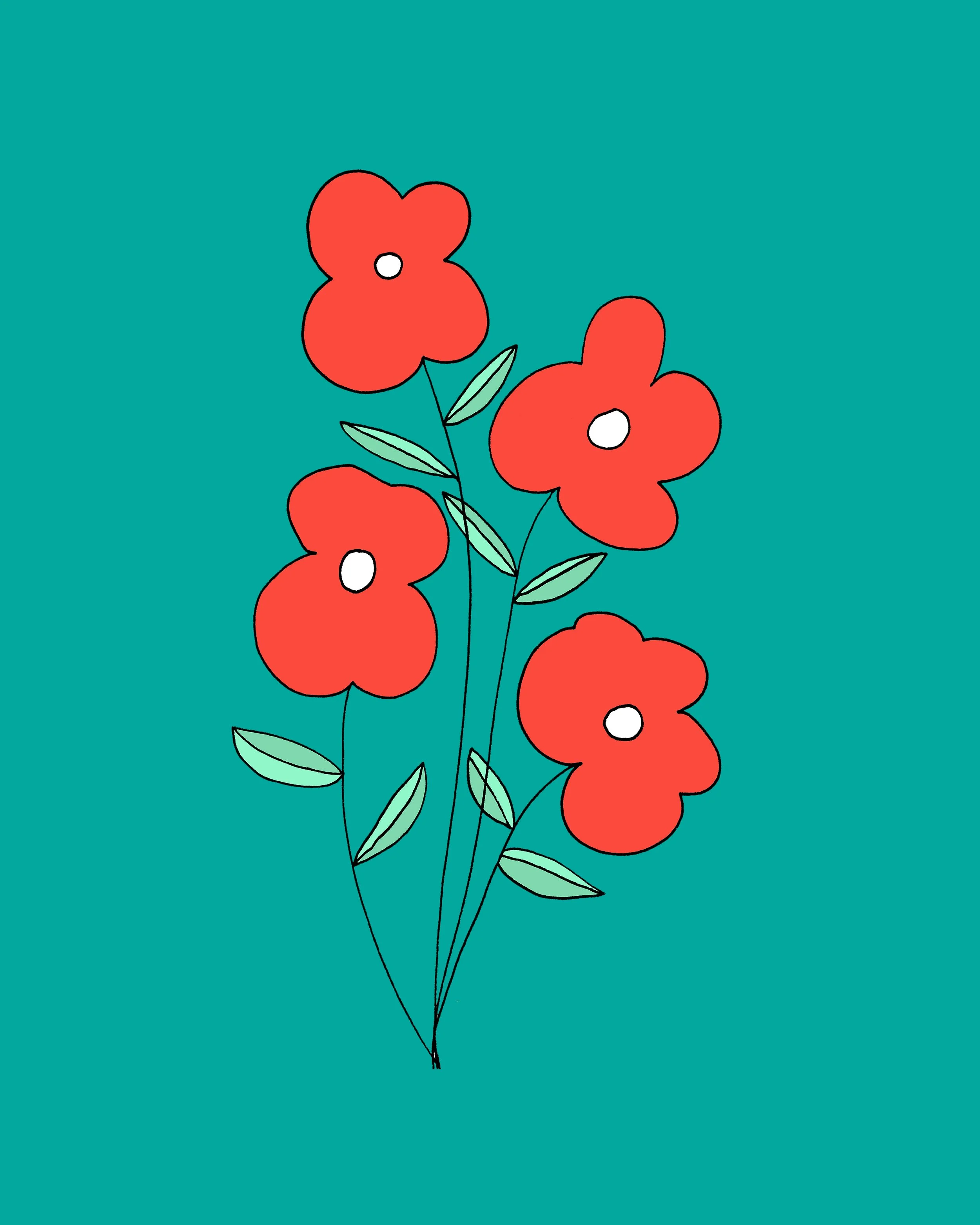 whimsical doodles and drawings by Emma Freeman Art, colorful, happy illustrations done by hand by Emma Freeman Art in Wisconsin, sketchbook artist, learning to draw, meditative drawing, drawing for fun, teal and red exuberant flowers illustration by 