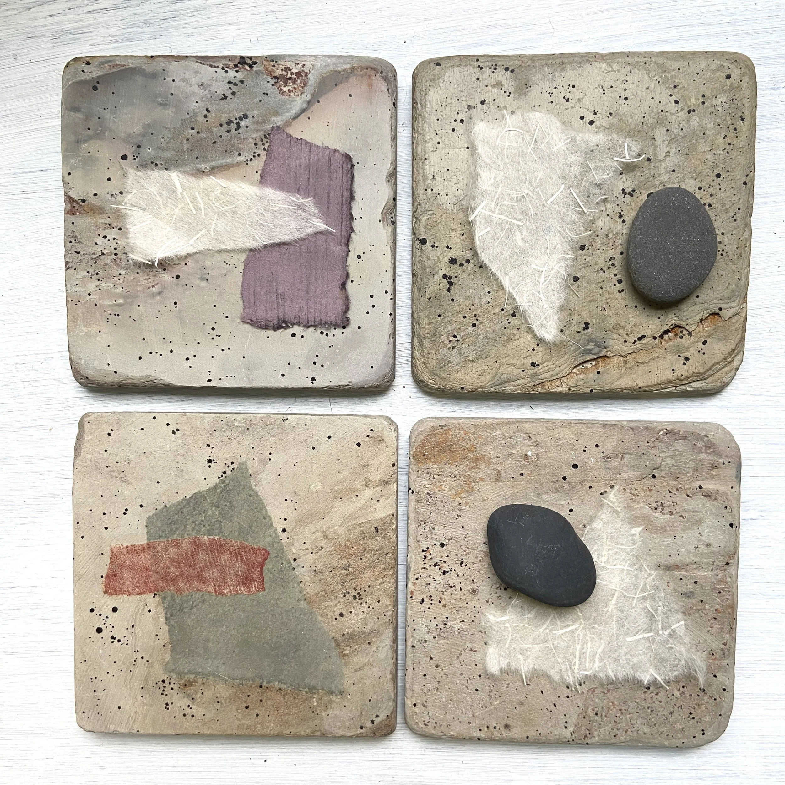 Zen contemplative assemblages of repurposed stone tiles, handmade paper, gathered stones, nature connected art, meditative art, contemplative art, peaceful art, mixed media artist in Wisconsin, Emma Freeman Art, textile artist, art as spiritual pract