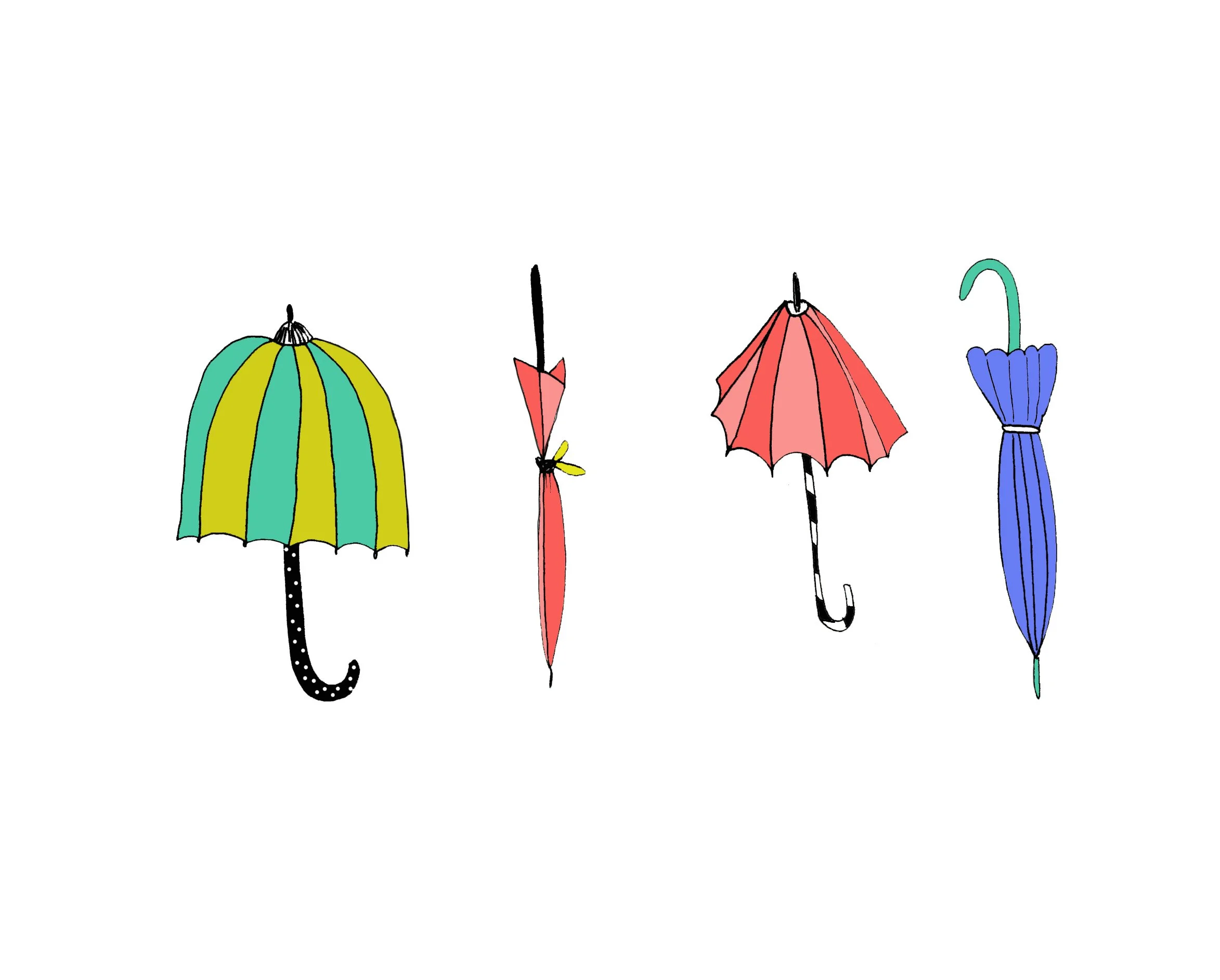 Doodle drawing illustration of umbrellas by Emma Freeman Art in Wisconsin, quirky and playful drawings and illustrations, happy drawings, colorful illustration art