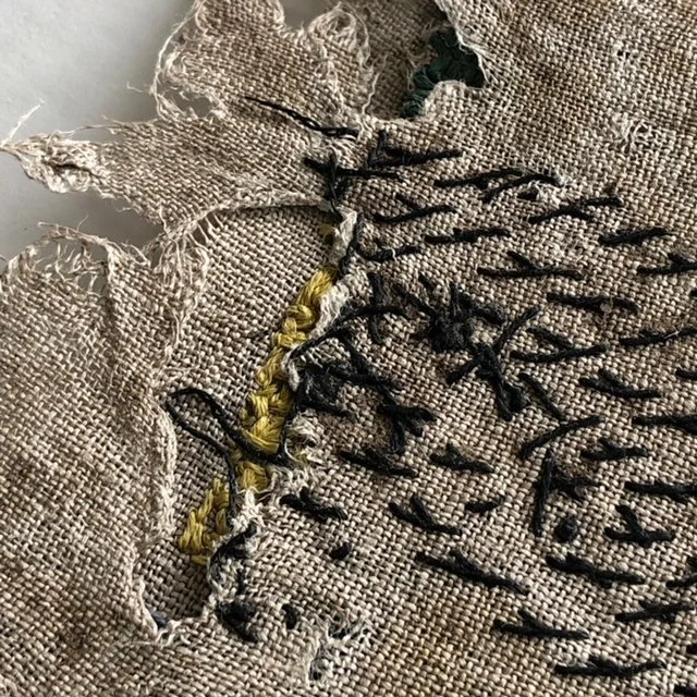 Buried Fabric Meditation Book Project, a global arts initiative created by Emma Freeman, textile artist and mixed media artist in Wisconsin to build community, share creative skills, and connect with nature in meaningful ways. We made hand embroidere