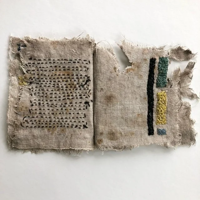 Buried Fabric Meditation Book Project, a global arts initiative created by Emma Freeman, textile artist and mixed media artist in Wisconsin to build community, share creative skills, and connect with nature in meaningful ways. We made hand embroidere