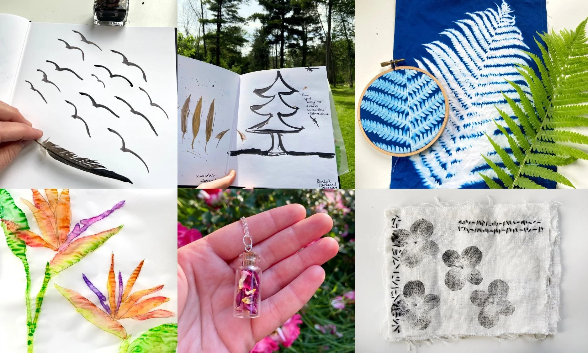 nature online art retreat with Emma Freeman, painting with feathers, jewelry making, sun printing, nature printed slow stitched books, watercolor painting