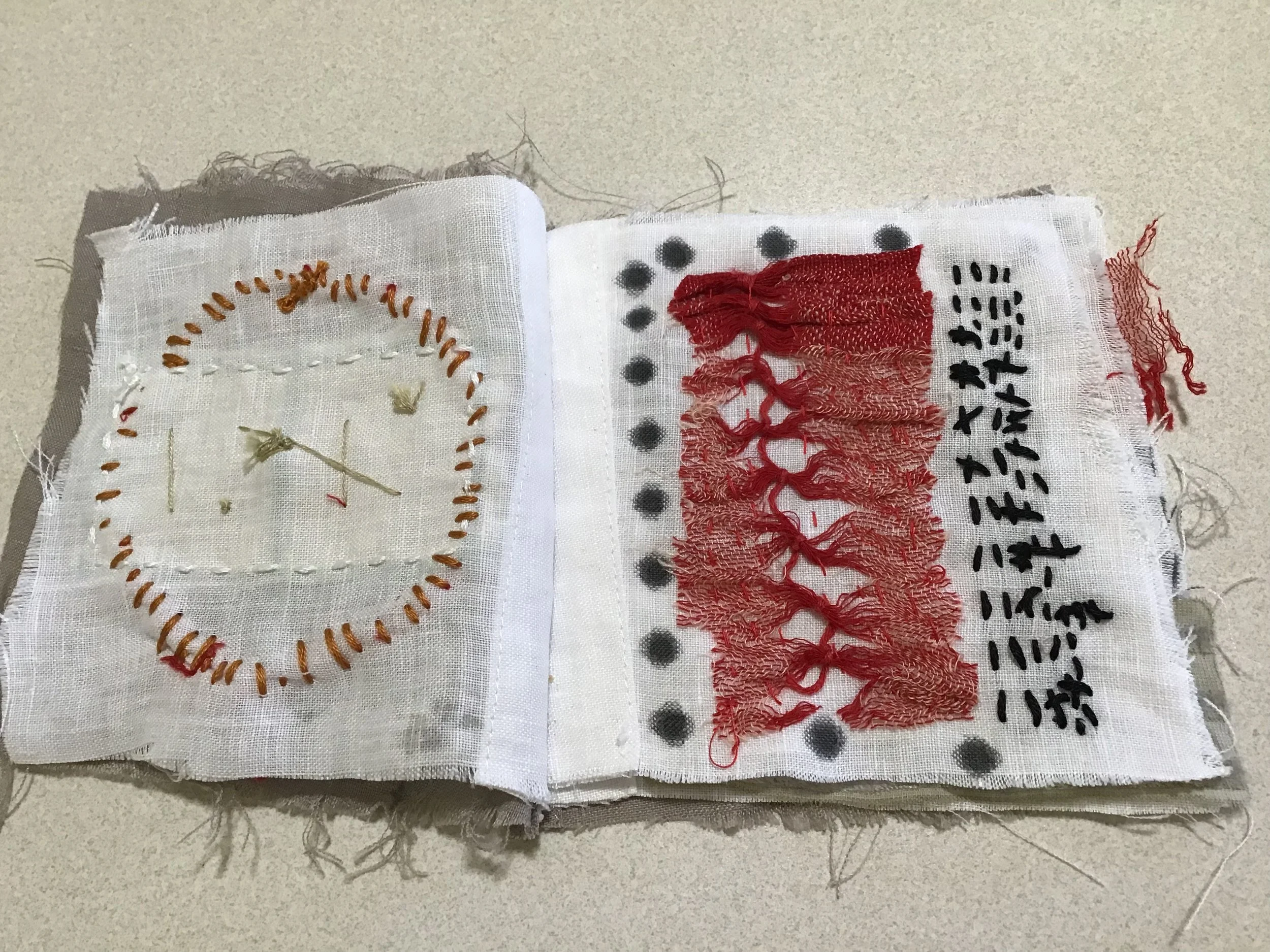 Buried Fabric Meditation Book Project, a global arts initiative created by Emma Freeman, textile artist and mixed media artist in Wisconsin to build community, share creative skills, and connect with nature in meaningful ways. We made hand embroidere