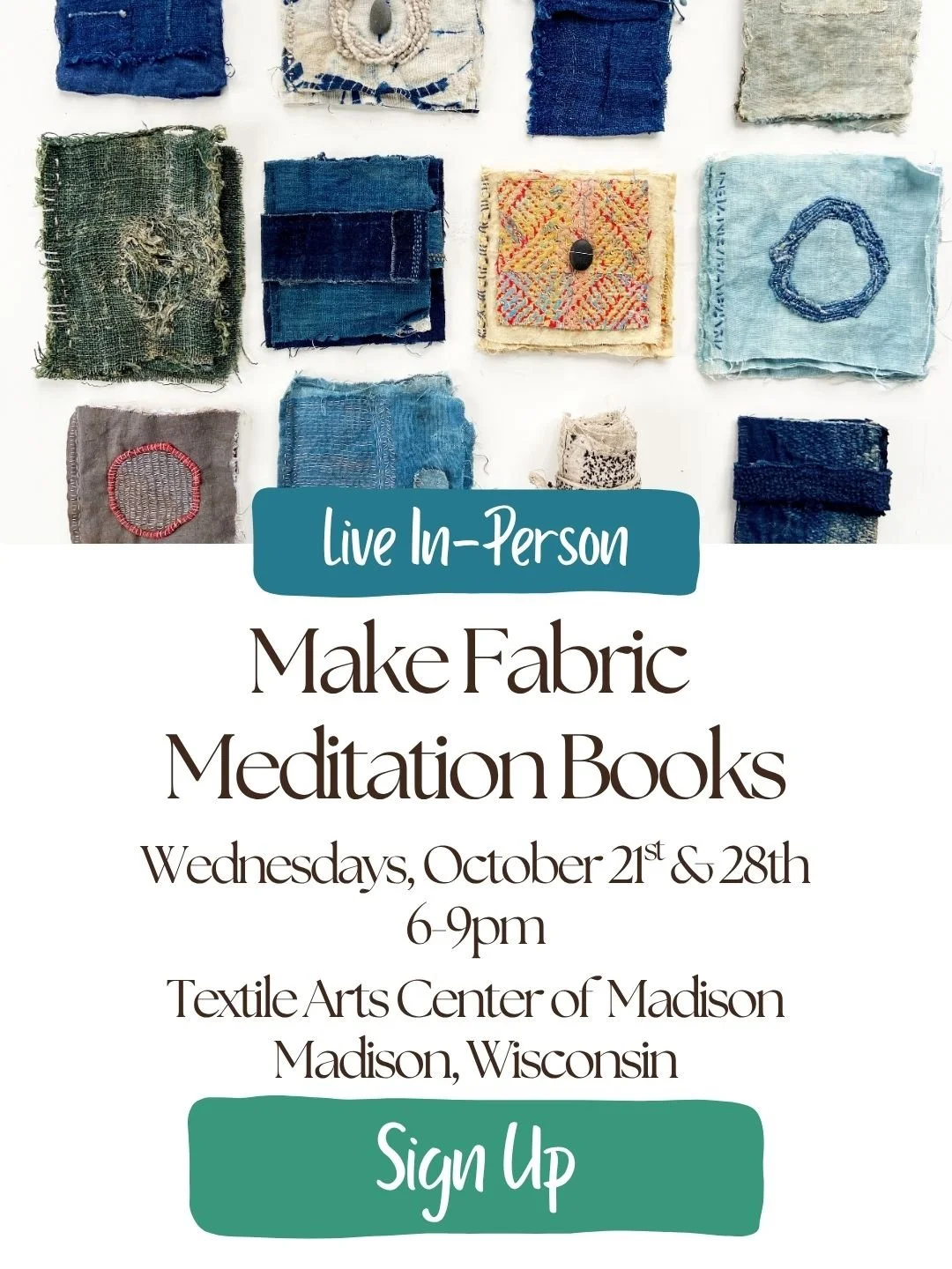 Make fabric meditation books with Emma Freeman at the Textile Arts Center of Madison in Madison, Wisconsin. Learn slow stitching, book making, abstract expression through fibers, textiles, embroidery and gathered nature and how to create art intuitiv