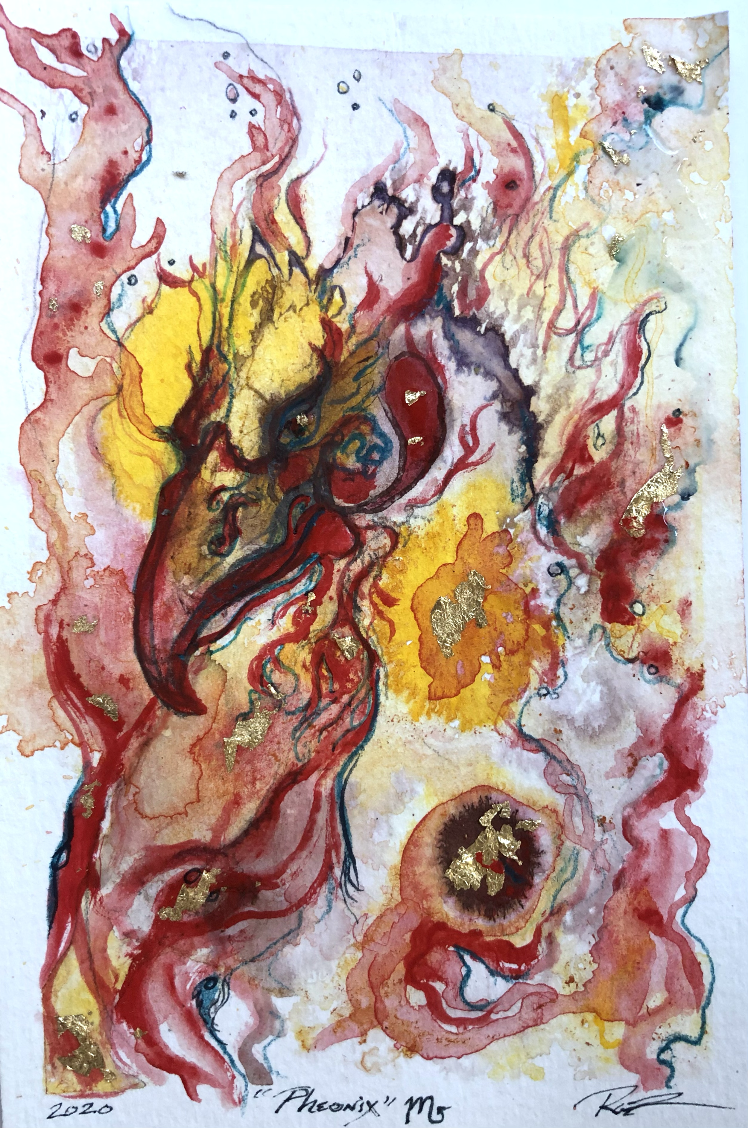 24) Pheonix, Ink, acrylic and gold leaf on paper, 6x5"
