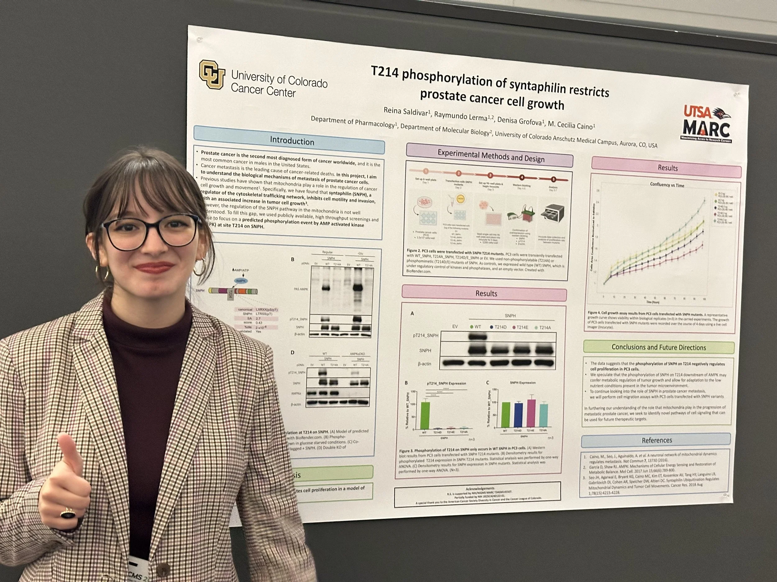 Reina with her poster at ABRACMS 2024 - she won a presentation award in the Cancer Biology section. Congrats!