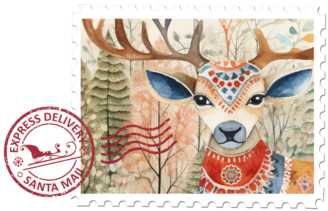 North Pole Canceled Reindeer Stamp, Express Delivery, Santa Mail, from Happily Ever Antlers, a multicultural holiday novel by J.B. Fitzgerald