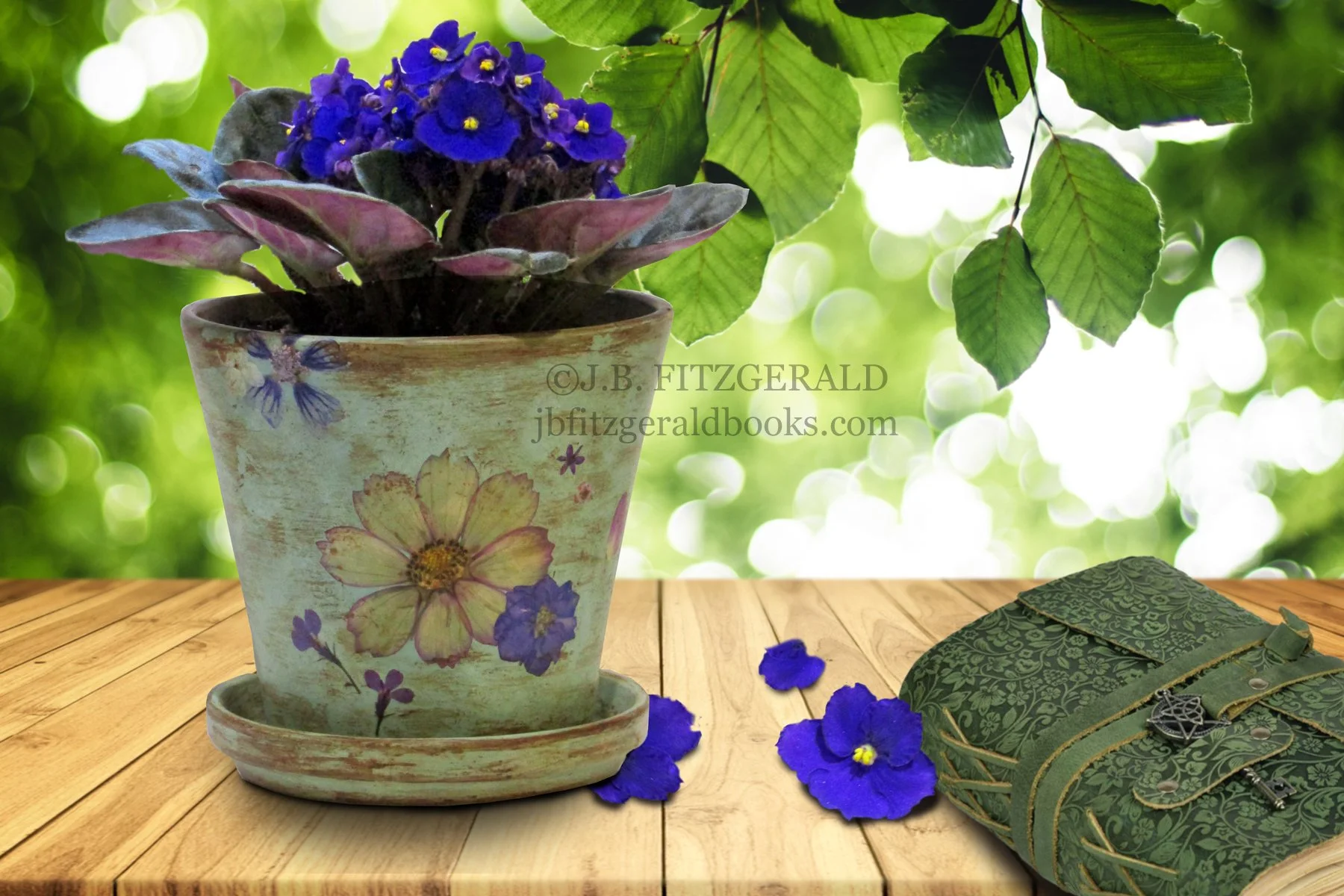 Violets Beget Violet, J.B. Fitzgerald: hand-painted and distressed flower pot designed with dried and pressed real flowers, jbfitzgeraldbooks.com