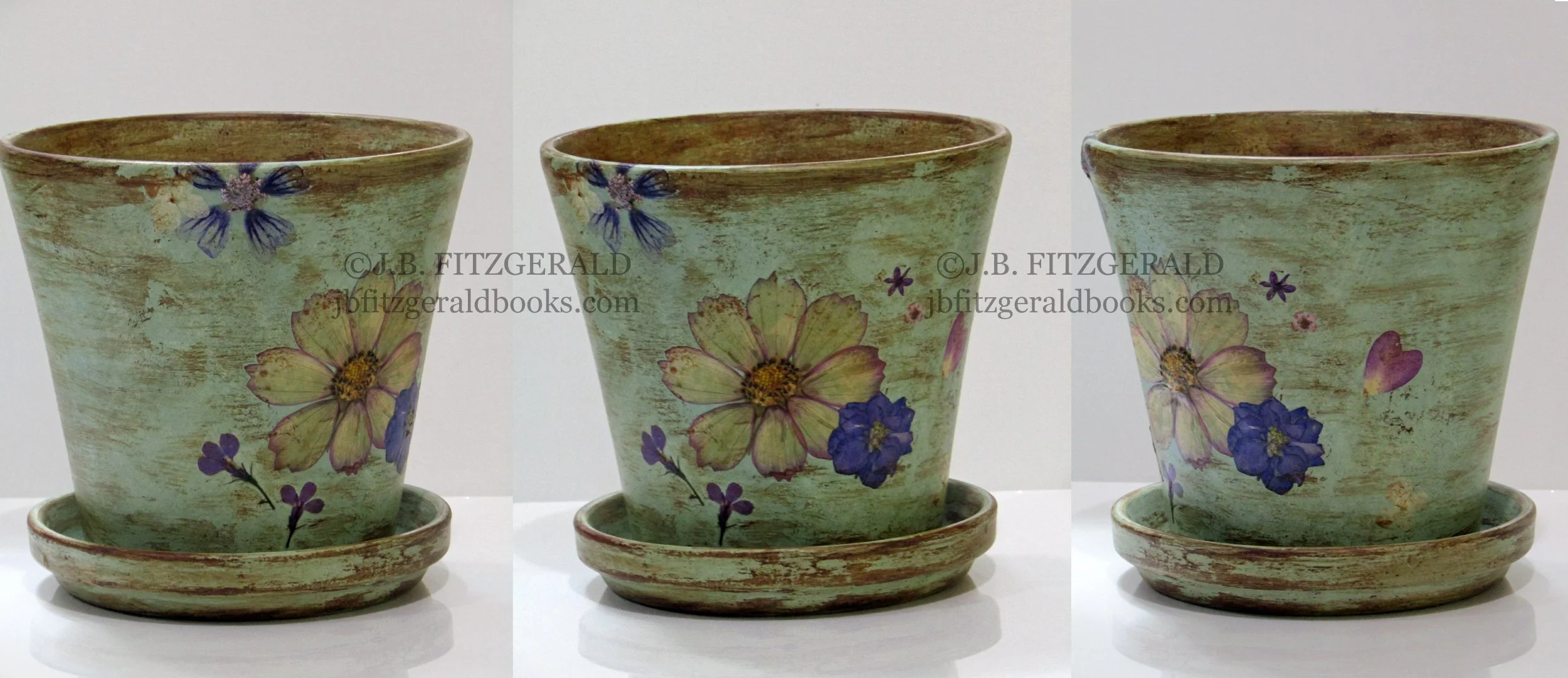 Violets Beget Violet, J.B. Fitzgerald: hand-painted and distressed flower pot designed with dried and pressed real flowers, jbfitzgeraldbooks.com