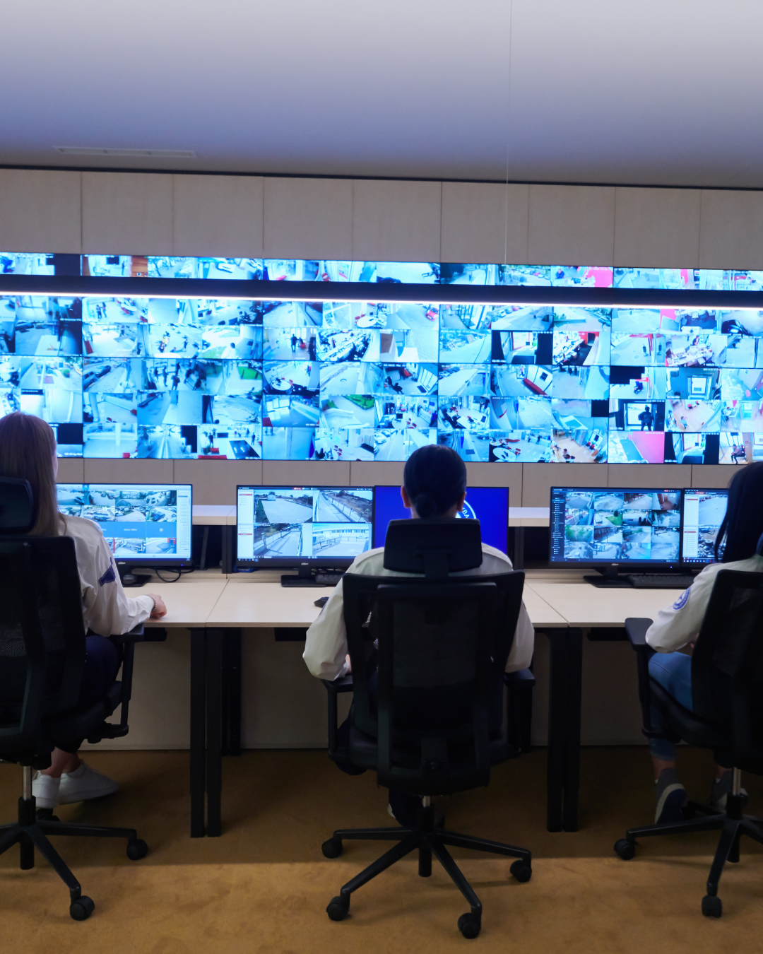 Security monitoring control room with multiple CCTV screens and operators providing 24/7 alarm monitoring services in Ontario