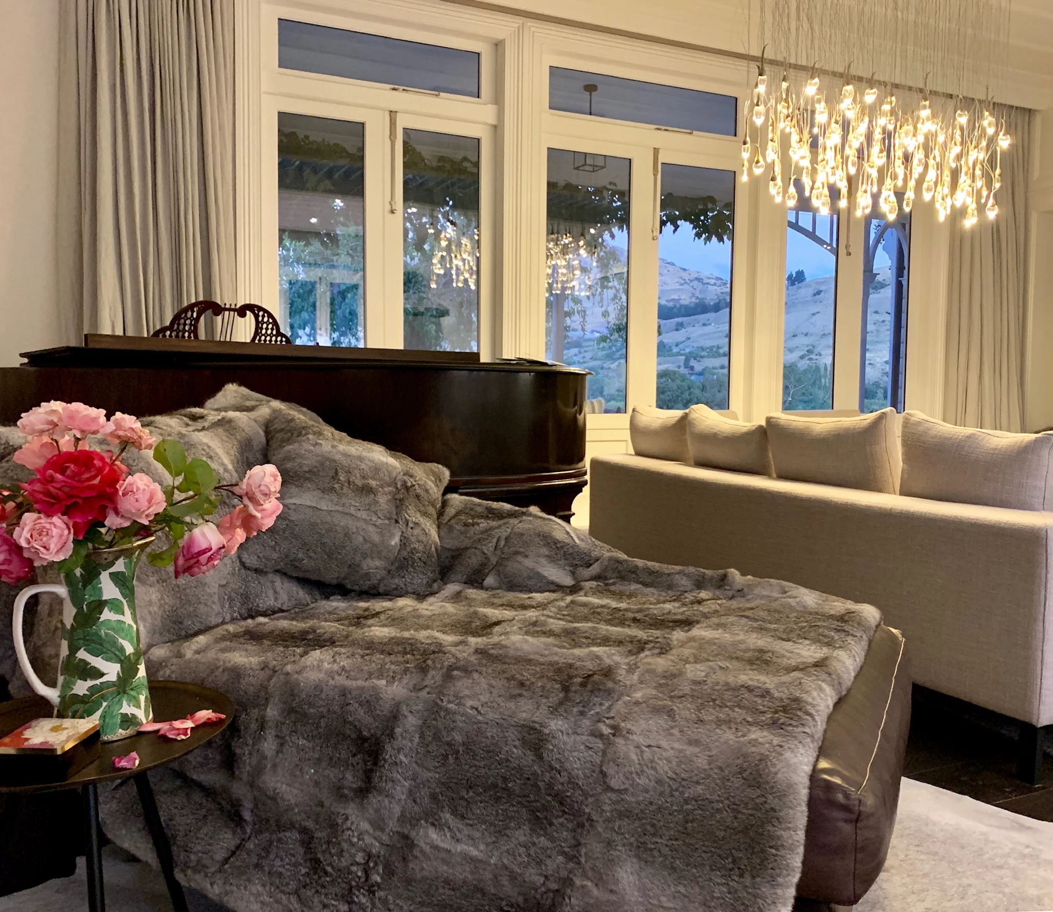 There are comfy chairs and sofas with fur, wool and sheepskin throws.