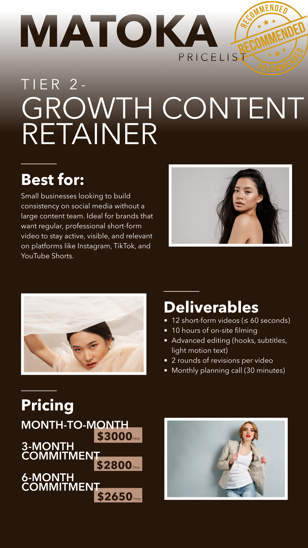 Promotional flyer for Matoka, Tier 2 Growth Content Retainer. Features images of three women, and details on services, deliverables, and pricing plans.