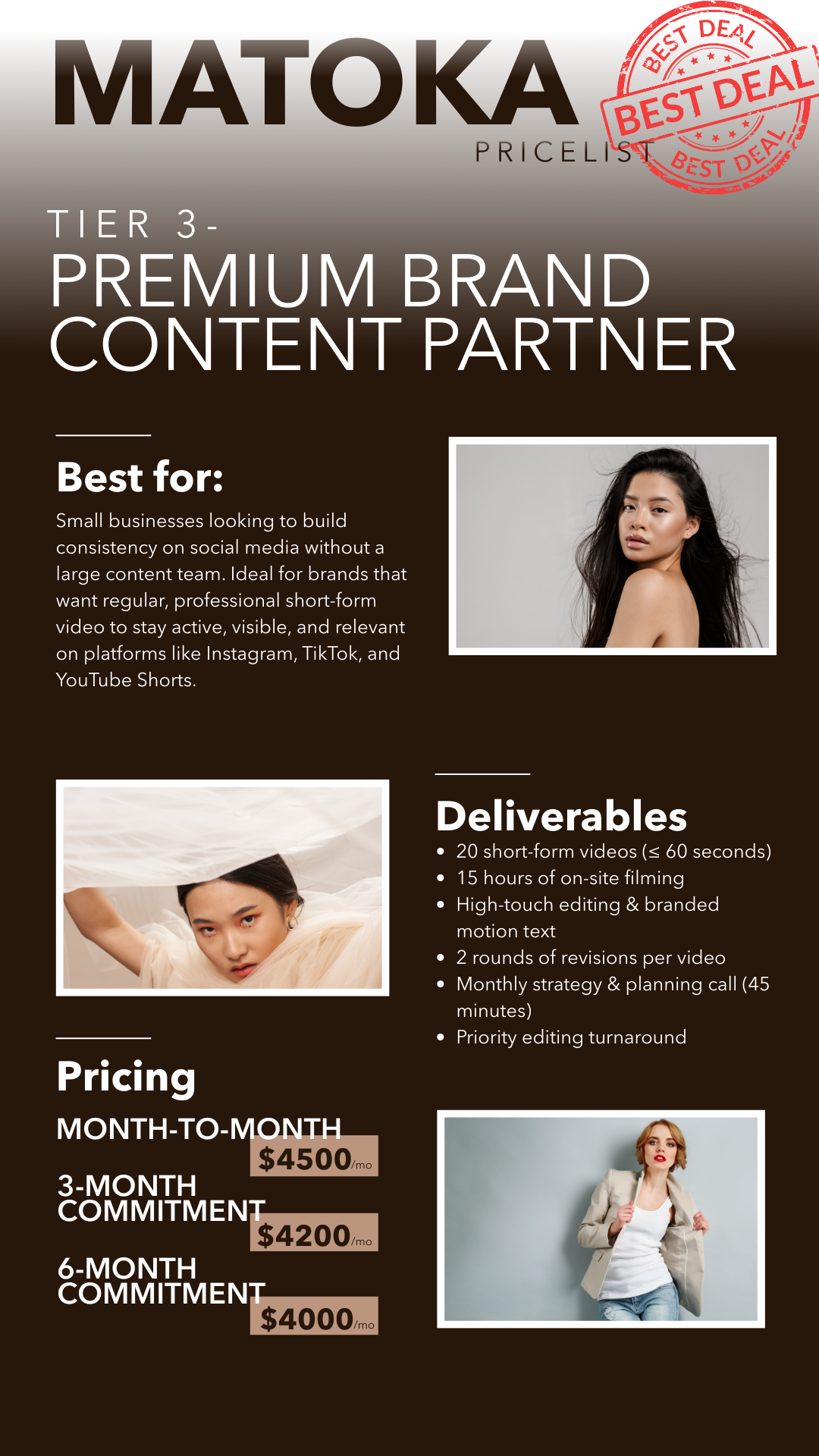 Promotional flyer for Matoka Pricelist, offering premium brand content partnership services, featuring three images of women and pricing options for monthly video content creation.