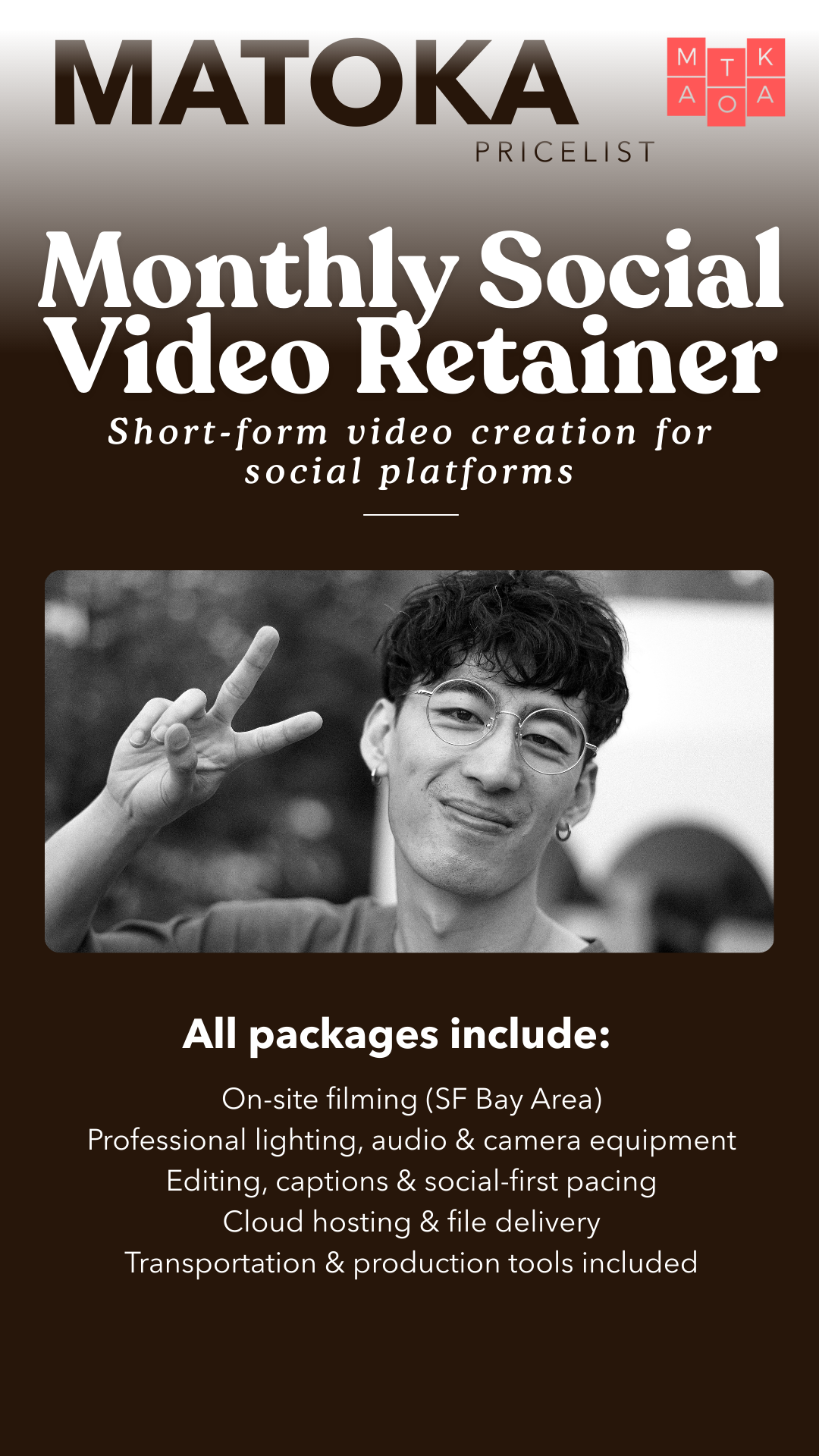 Promotional flyer for Matoka Pricelist featuring a young person making a peace sign, with text describing social media video creation packages and services.