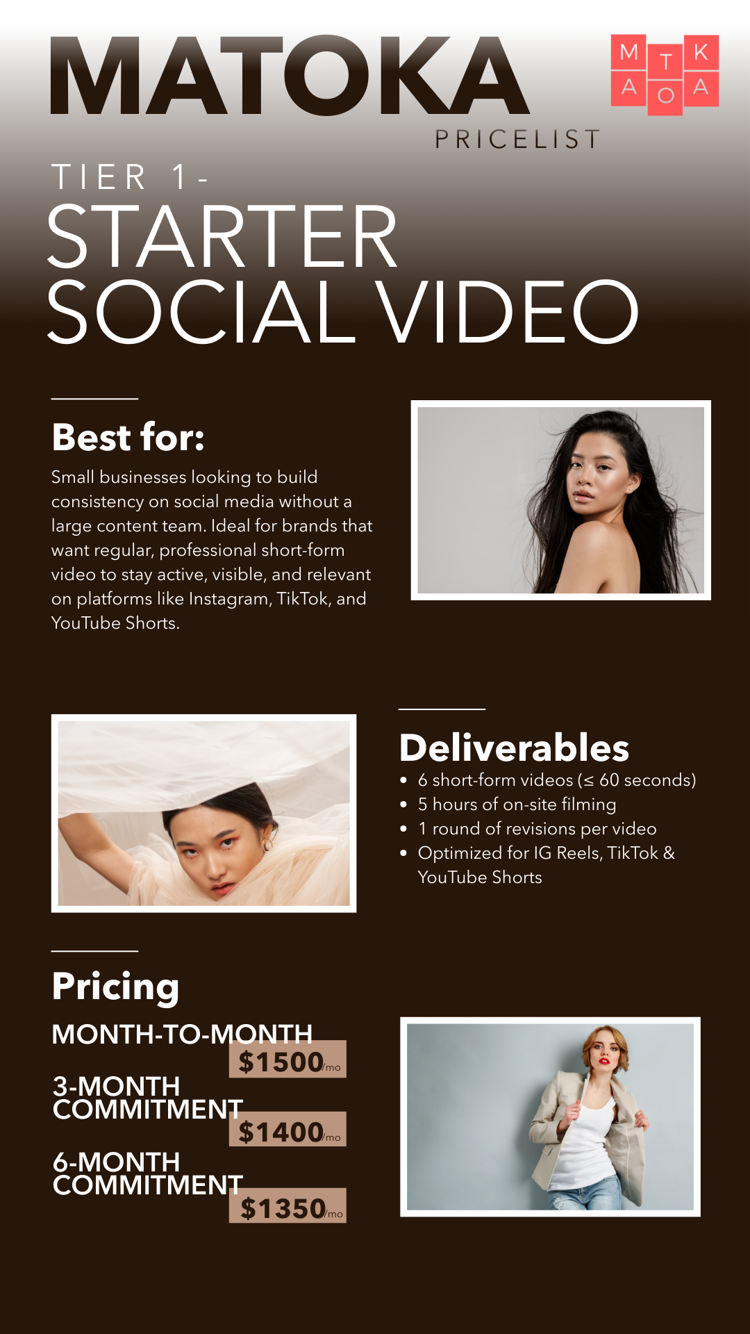 A promotional flyer for MATOKA Pricelist's Tier 1 Starter Social Video service, including a description, deliverables, and pricing options for monthly, 3-month, and 6-month plans. The flyer features images of three women and text in black, white, and shades of beige on a gradient brown background.