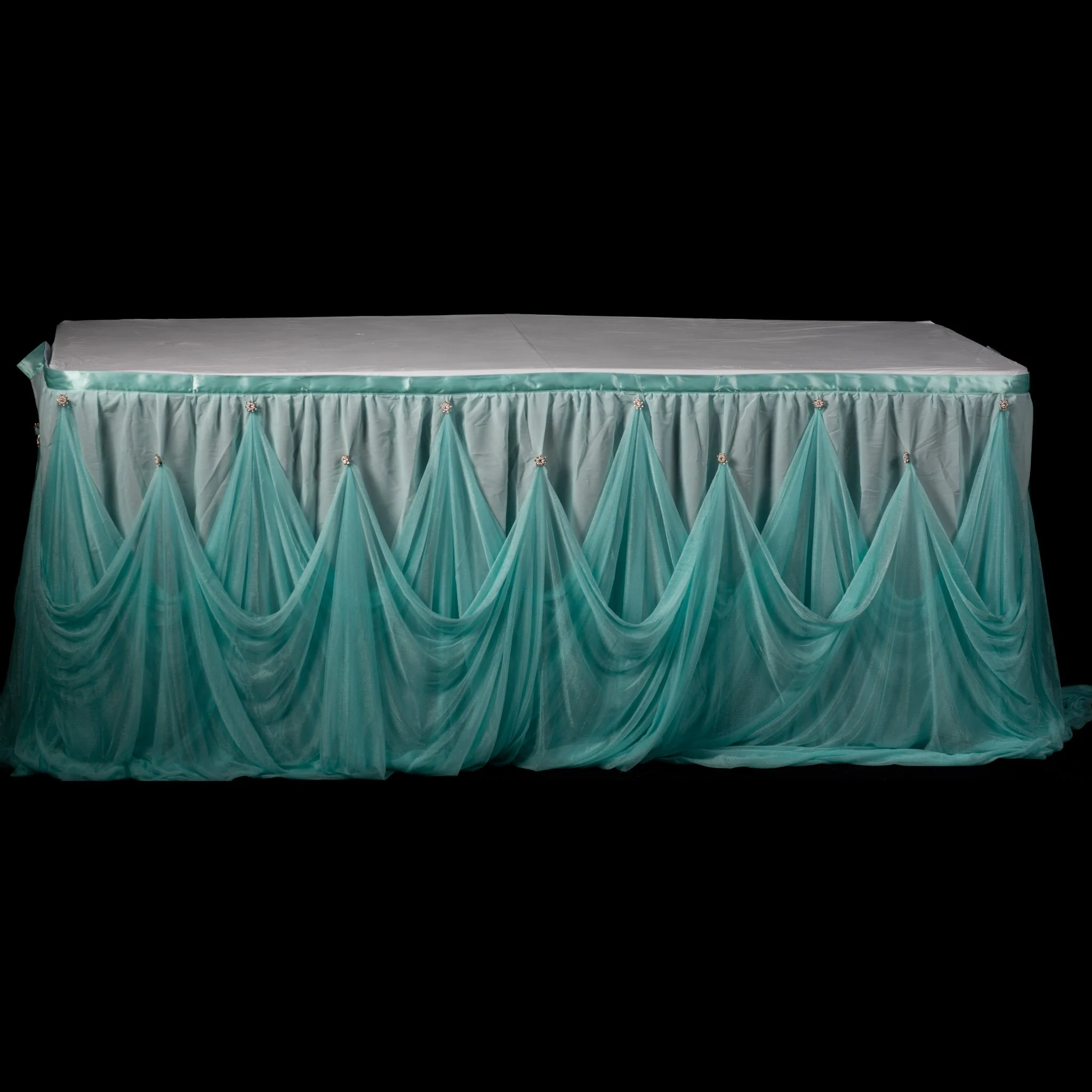Turquoise Tulle Pleated Rhinestone Table Skirt